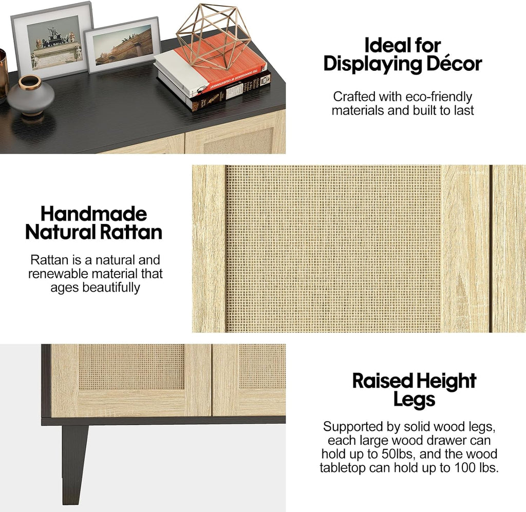Panana Buffet Storage Cabinet with Rattan Decorating 4 Doors Living Room Kitchen Sideboard 48.43 x 34.65 x 15 inch (Black)