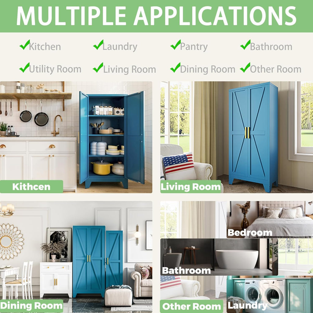 COFaR Home Farmhouse Storage Cabinet with 2 Barn Door, Tall Kitchen Pantry Cupboard with 3 Adjustable Shelves, for Dining Room, Bathroom, Living Room (Blue Green, 61' Farmhouse)
