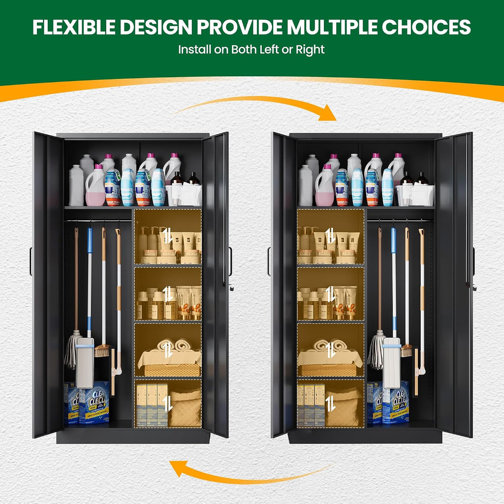 Broom Closet with Lock, Metal Storage Cabinet 36' Wide, 5-Tier Steel Utility Cabinet with Hanging Rod & Doors for Garage, Laundry Room, Warehouse Storage