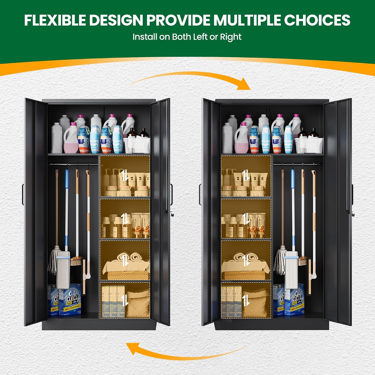 Broom Closet with Lock, Metal Storage Cabinet 36' Wide, 5-Tier Steel Utility Cabinet with Hanging Rod & Doors for Garage, Laundry Room, Warehouse Storage