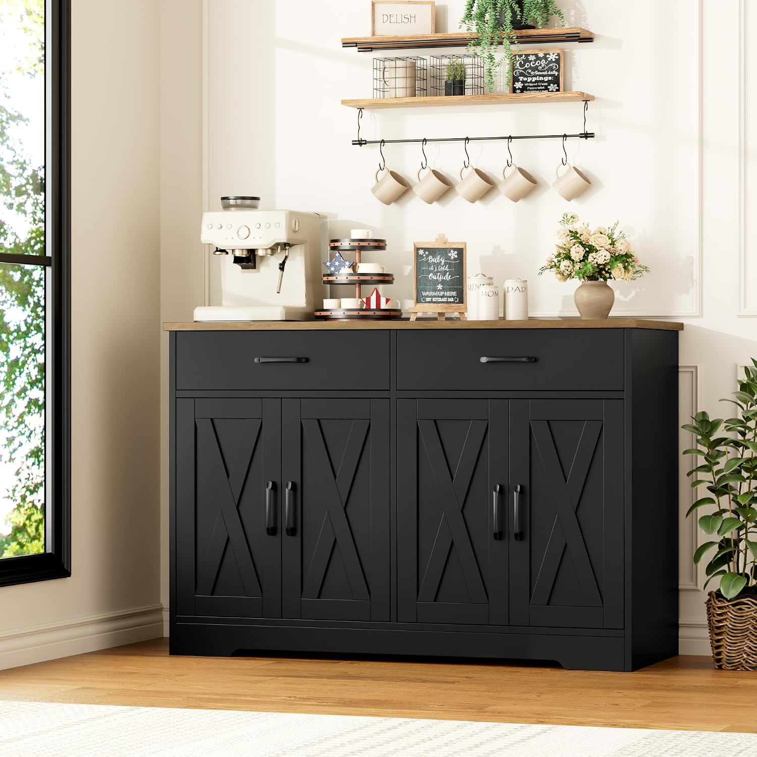 HOSTACK Buffet Cabinet with Storage, 47.2' Kitchen Sideboard Buffet with Drawers, Modern Farmhouse Coffee Bar Station with Shelves, Barn Doors Storage Cabinet for Living Room, Black/Rustic Brown