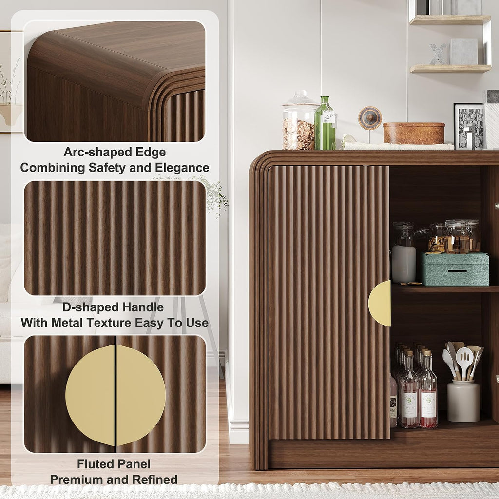 Decofy 55' Buffet Sideboard Cabinet, Mid Century Modern Console Cabinet with Wavy Grain Doors & Adjustable Shelves for Kitchen Cabinets, Living Room, Entryway, Coffee Bar Cabinet, Walnut