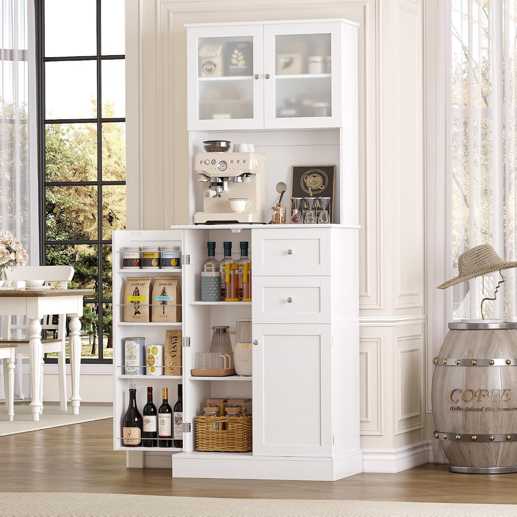 BOTLOG 72' Tall Kitchen Pantry Storage Cabinet, Kitchen Hutch Cabinet with Doors and Shelves, Modern Food Pantry with 2 Drawers for Dining Room, Living Room, White