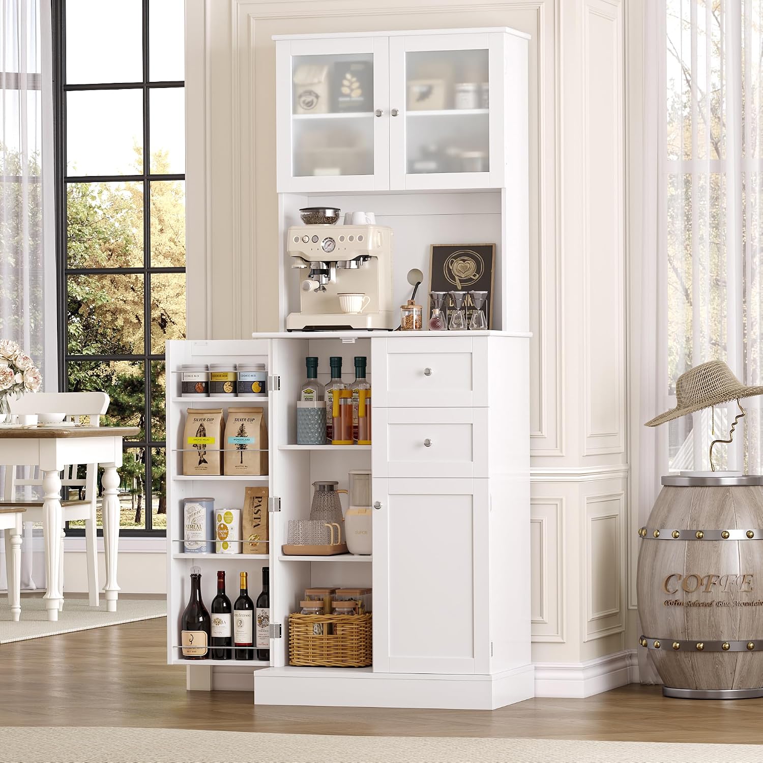 BOTLOG 72' Tall Kitchen Pantry Storage Cabinet, Kitchen Hutch Cabinet with Doors and Shelves, Modern Food Pantry with 2 Drawers for Dining Room, Living Room, White