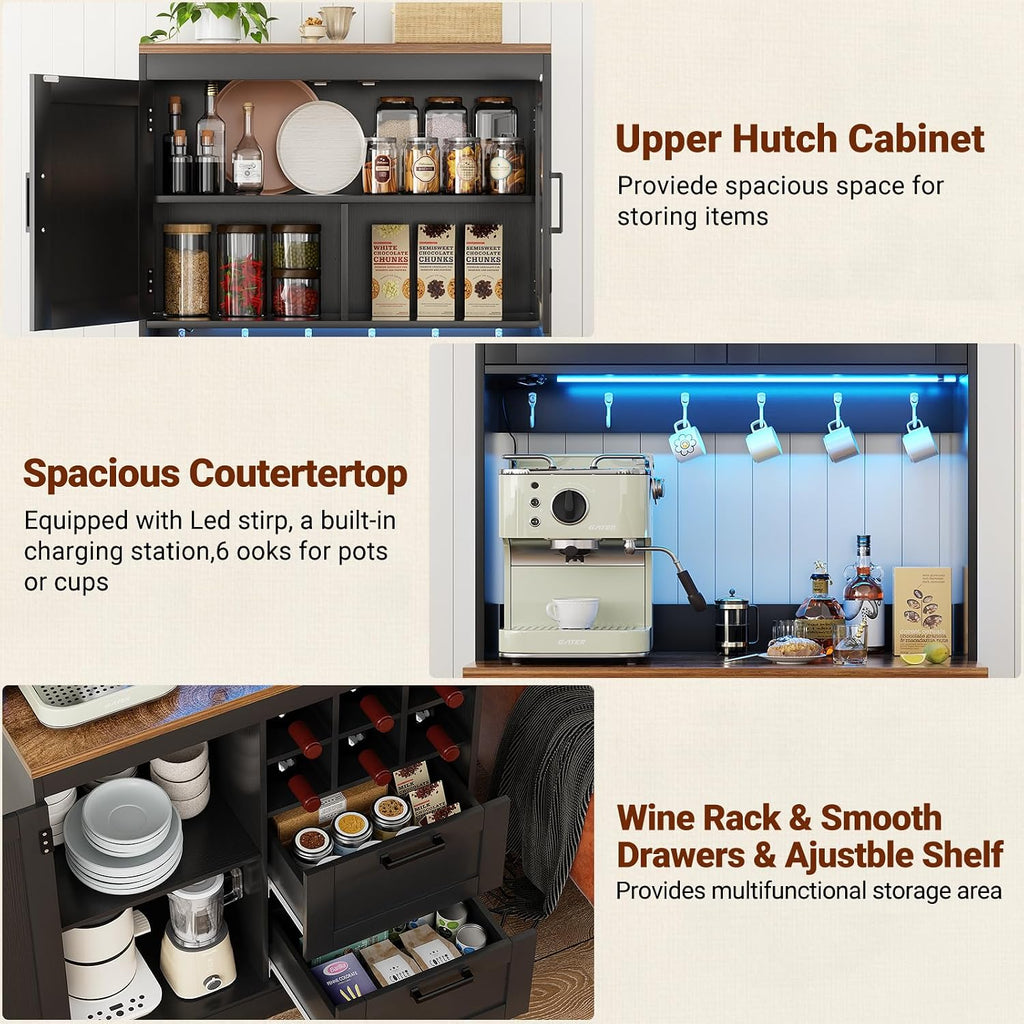 Unikito 72' Tall Kitchen Pantry Cabinet with LED Light & Outlet, Kitchen Hutch Coffee Bar with Microwave Stand, Wine Rack, Drawers and Storage Shelves, Cupboard for Dining Room, Black and Rustic