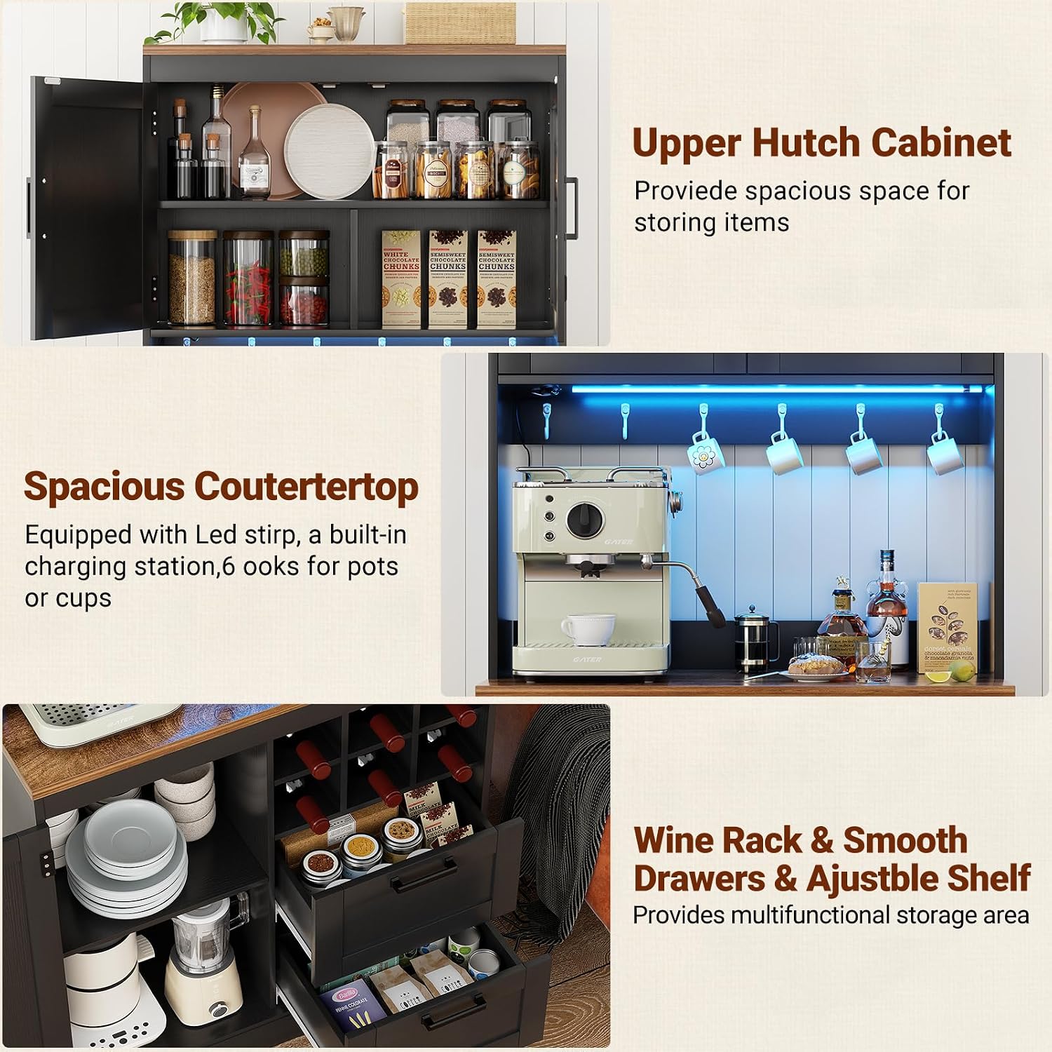 Unikito 72' Tall Kitchen Pantry Cabinet with LED Light & Outlet, Kitchen Hutch Coffee Bar with Microwave Stand, Wine Rack, Drawers and Storage Shelves, Cupboard for Dining Room, Black and Rustic