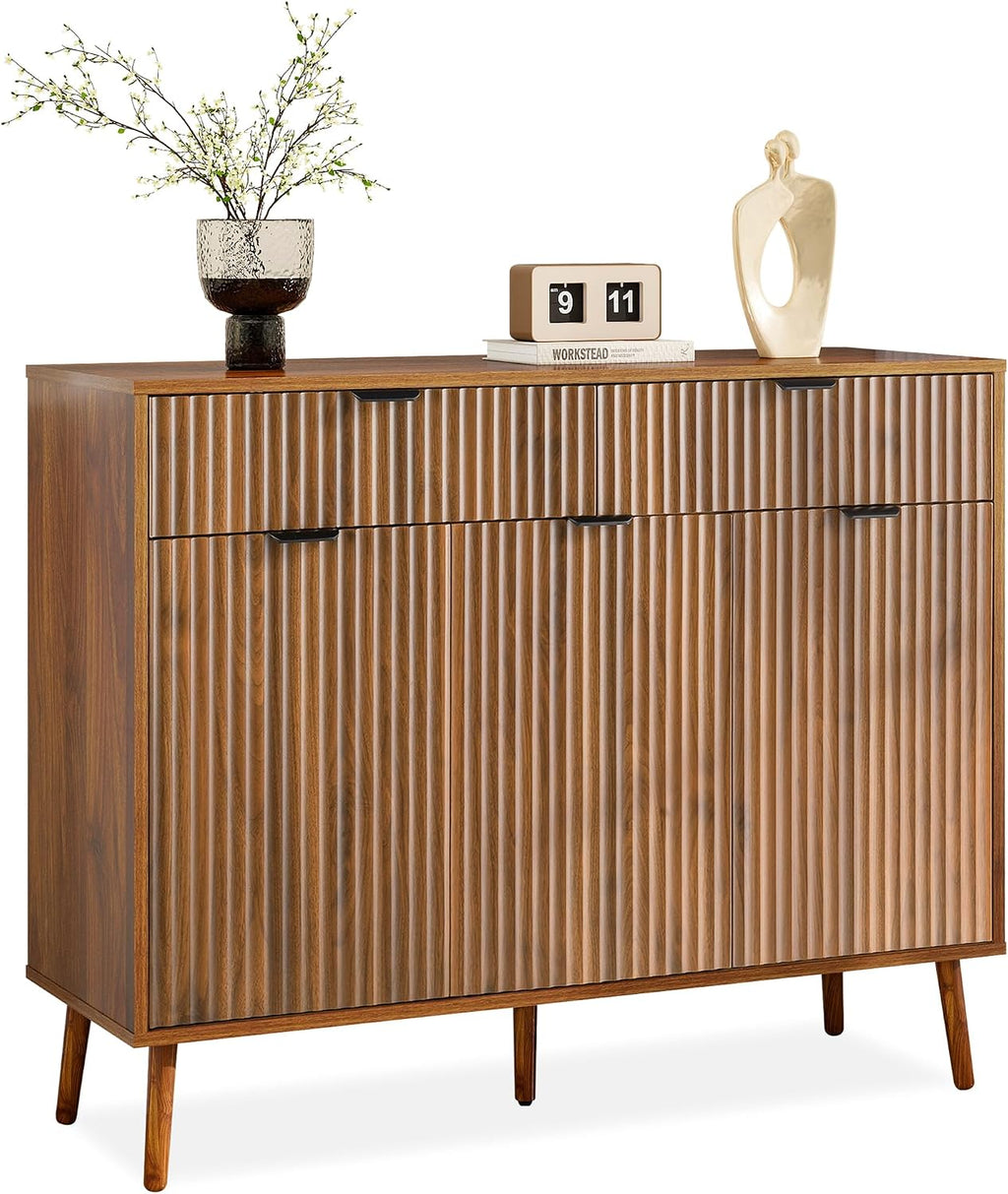 LYNCOHOME Fluted Sideboard Buffet Cabinet with Storage,2 Drawers and 3 Doors,Wood Coffee Bar Cabinet with Solid Wood Feet for Kitchen,Hallway
