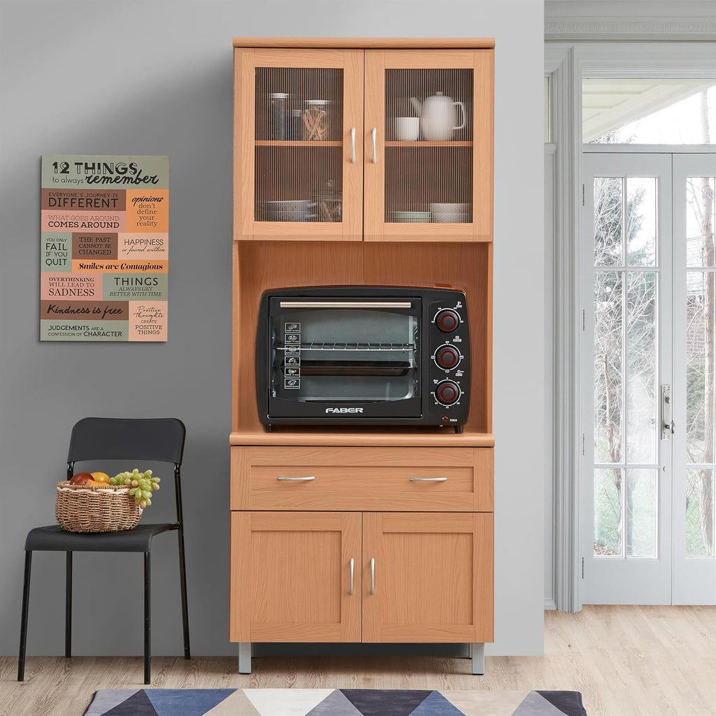 Pemberly Row China Cabinet, 79 in H x 32 in W x 17 in D, Beech Finish, Wooden Construction, Storage with Transparent Doors, Drawer, and Shelves, Home or Office Kitchen Storage Furniture