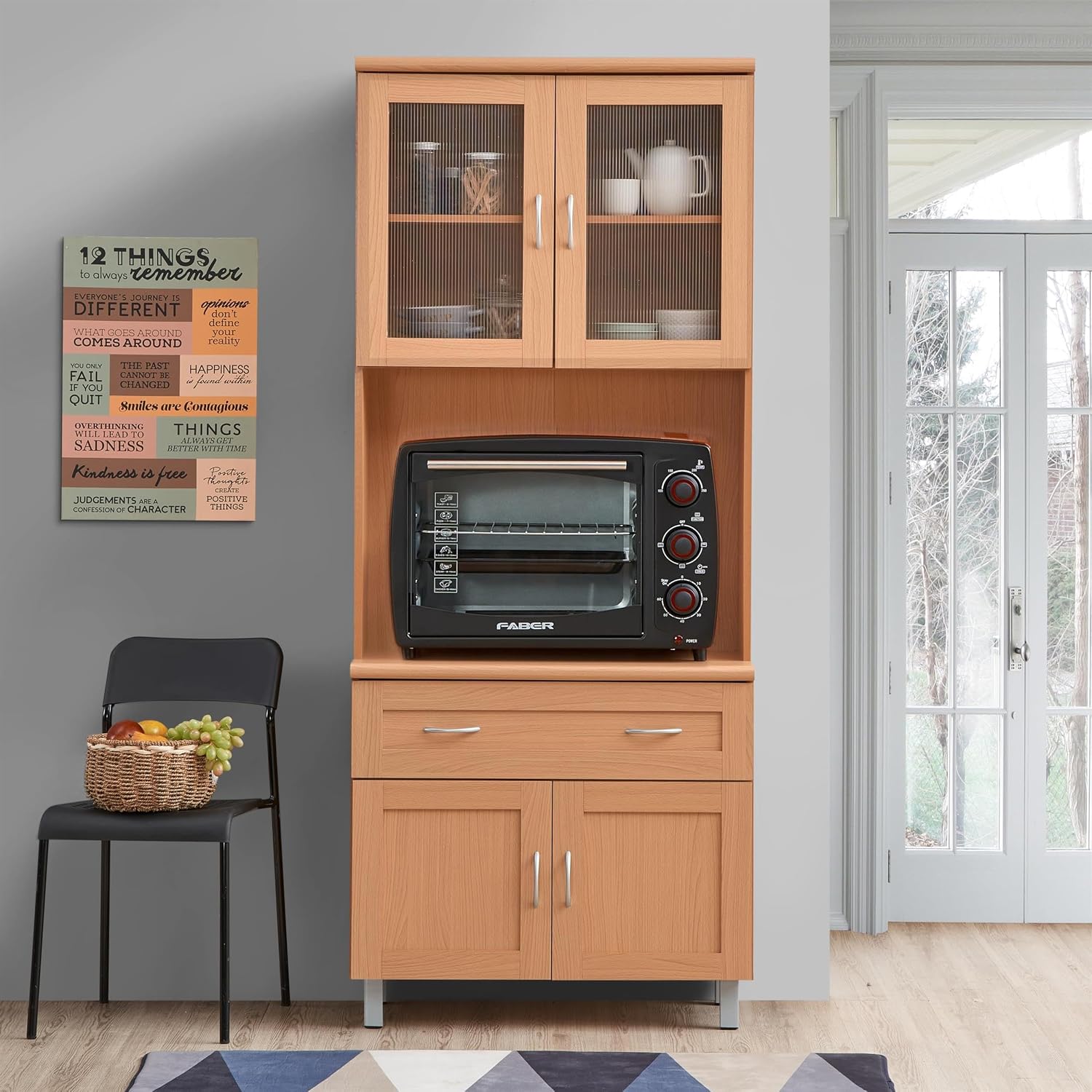 Pemberly Row China Cabinet, 79 in H x 32 in W x 17 in D, Beech Finish, Wooden Construction, Storage with Transparent Doors, Drawer, and Shelves, Home or Office Kitchen Storage Furniture
