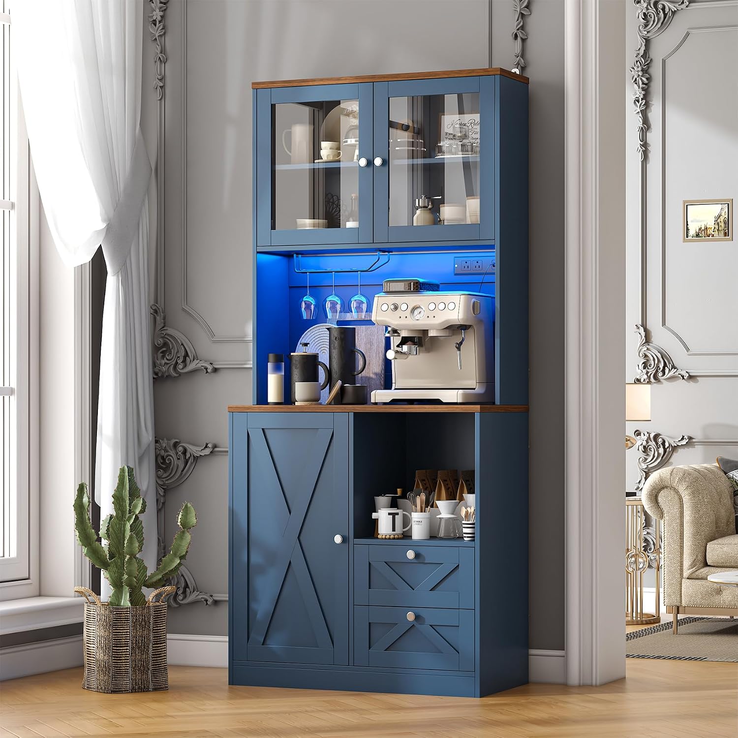 71' Tall Coffee Bar Cabinet with Storage Hutch, Farmhouse Kitchen Pantry Cabinet with LED Lights Microwave Stand and Glass Holder for Home Dining Room Kitchen (Blue)