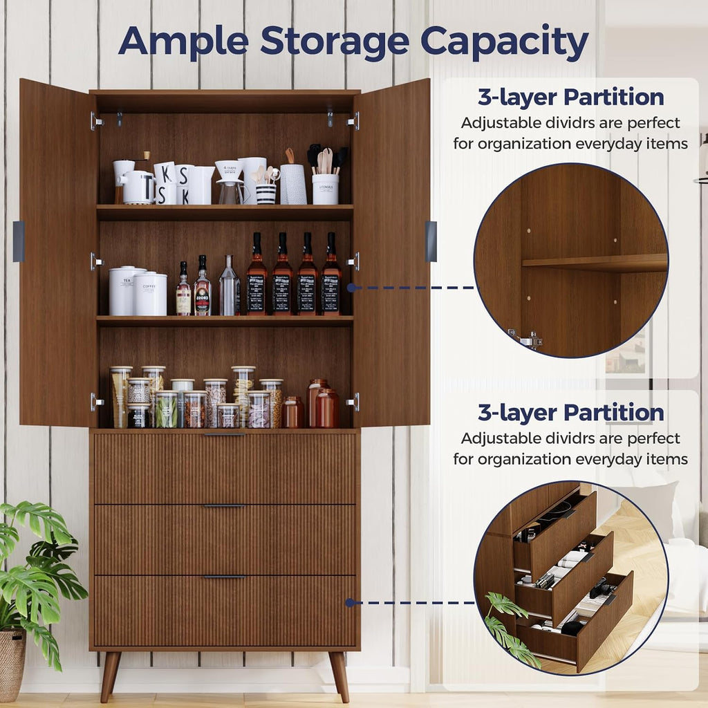 Tall Storage Cabinet, Kitchen Pantry Cabinet with Adjustable Shelves & Fluted Panel Design, Wood Cupboard with 3 Drawers 2 Doors, Tall Home Cupboard for Living Room, Kitchen, Walnut