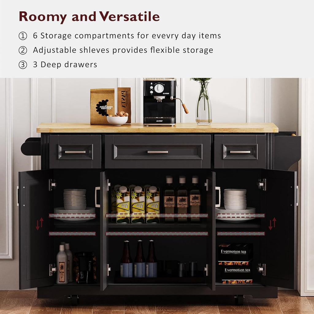54' Rolling Storage Kitchen Island Cart on 4 Wheels with Drop Leaf, Embossed Texture, 4 Doors and 3 Drawers for Kitchen, Dining Room, Black, Rubber Wood Top