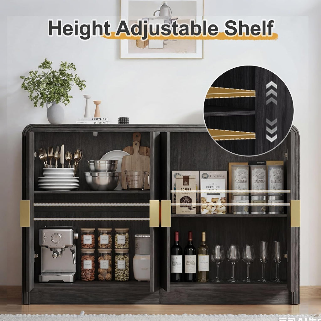 Decofy 55' Buffet Sideboard Cabinet, Mid Century Modern Console Cabinet with Wavy Grain Doors & Adjustable Shelves for Kitchen Cabinets, Living Room, Entryway, Coffee Bar Cabinet, Black Walnut