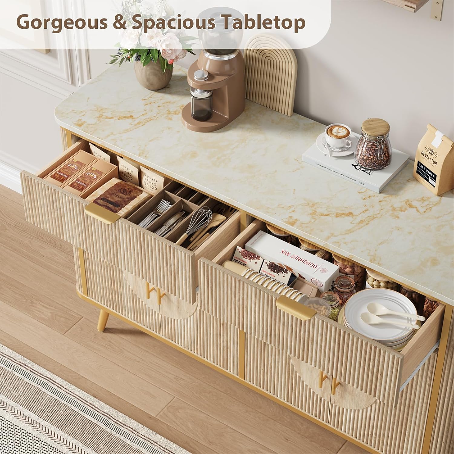 47.2' Buffet Storage Cabinet, Modern Fluted Coffee Bar Station with 2 Drawers & Adjustable Shelves, Kitchen Sideboard Buffet for Dining Room, Living Room, Hallway, Natural Oak