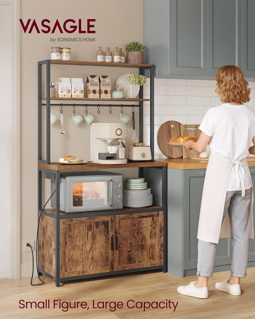 VASAGLE Kitchen Bakers Rack with Power Outlet, Coffee Bar with 35.4-Inch High Worktop, Microwave Stand with 8 Hooks, 15.7 x 31.5 x 66.9 Inches, Rustic Brown and Ink Black UKKS059K01