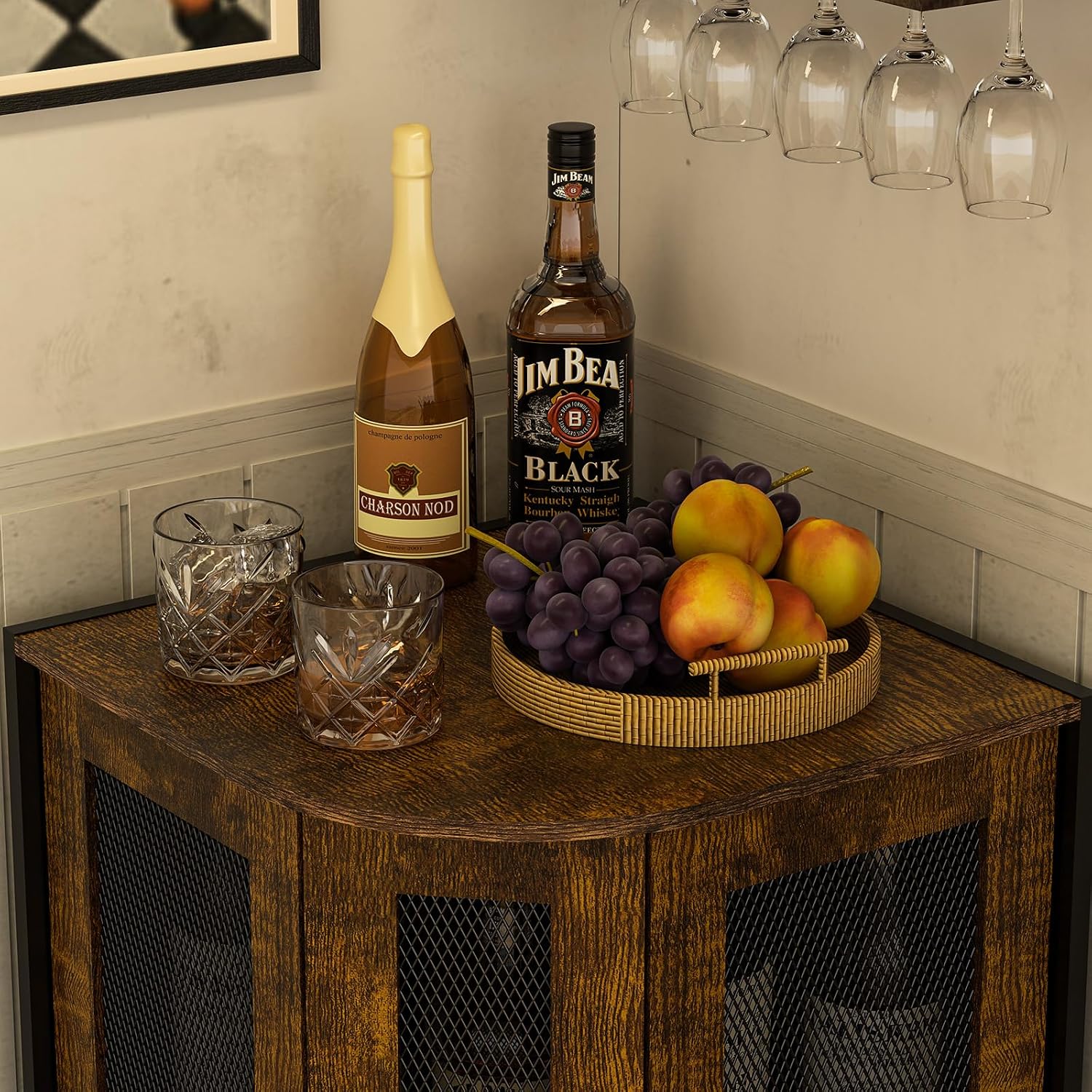 JKsmart Corner Storage Cabinet with Open Shelf, 3-Tier Industrial Wine Bar Shelf with Door, Industrial Corner Cabinet for Kitchen, Dining Room, Rustic Brown