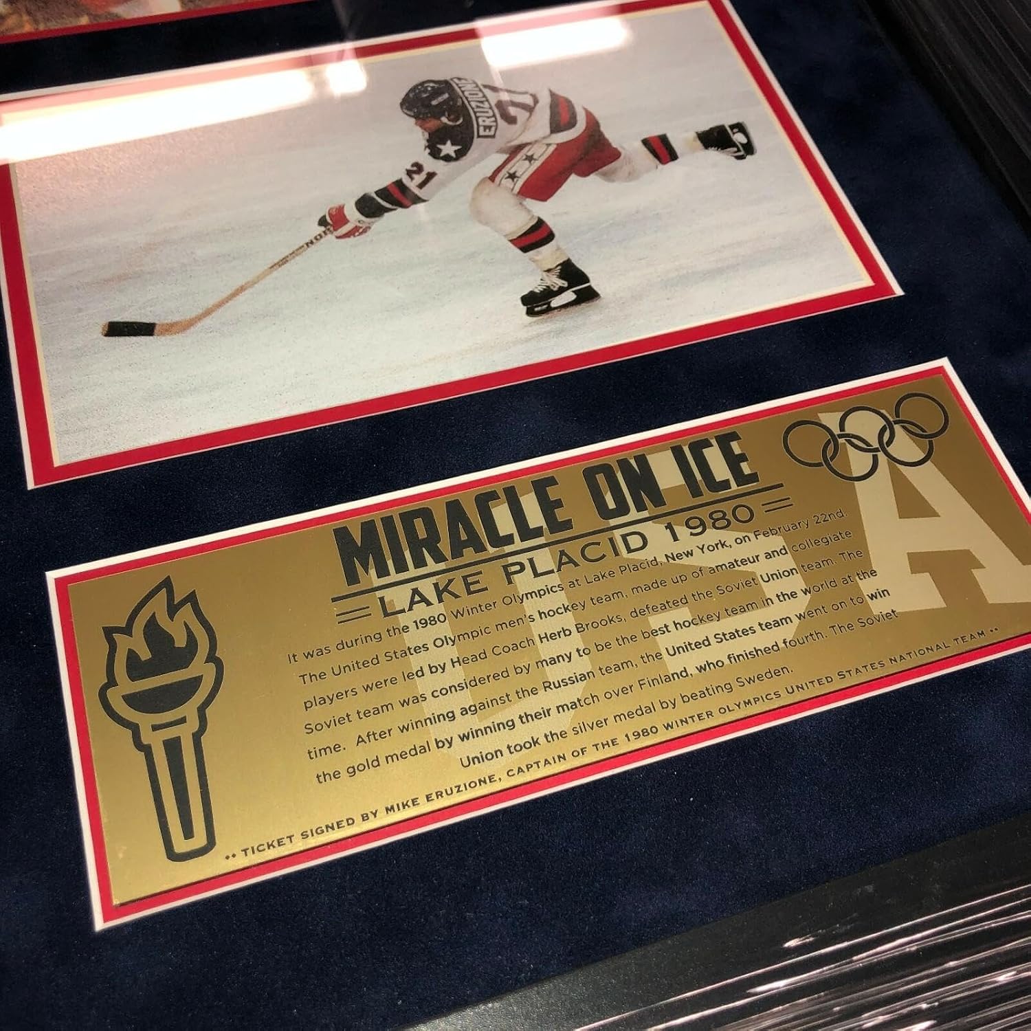 Topps Mike Eruzione Signed 1980 Miracle On Ice Team Usa Framed Gold Medal Game Ticket - Autographed Olympic Tickets