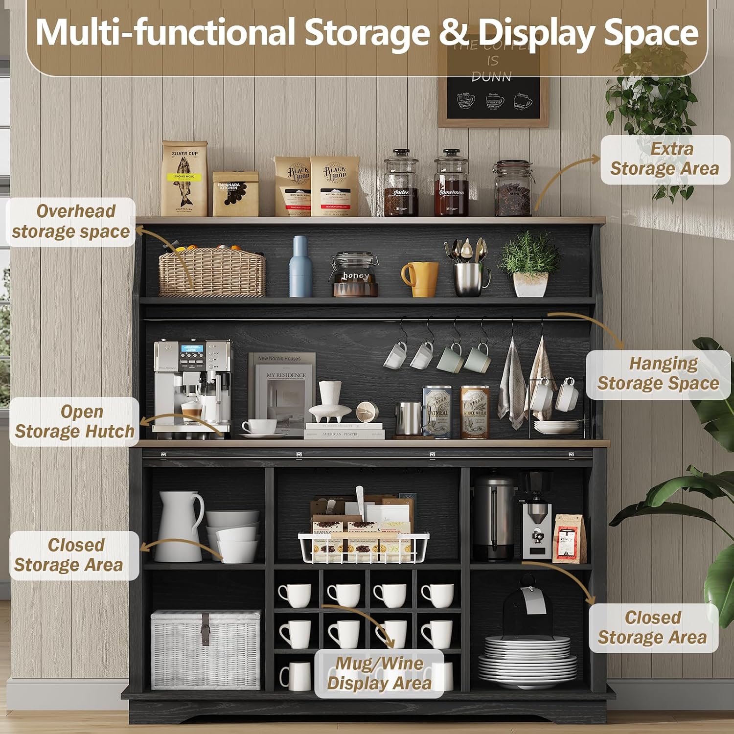 55 Inch Farmhouse Coffee Bar Cabinet with 3-Tier Enclosed Storage Cabinet, Kitchen Hutch with 12 Wine Racks & 3 Glass Holders, Coffee Bar with 6 Hooks, Wood Furniture for Dining Living Room, Black