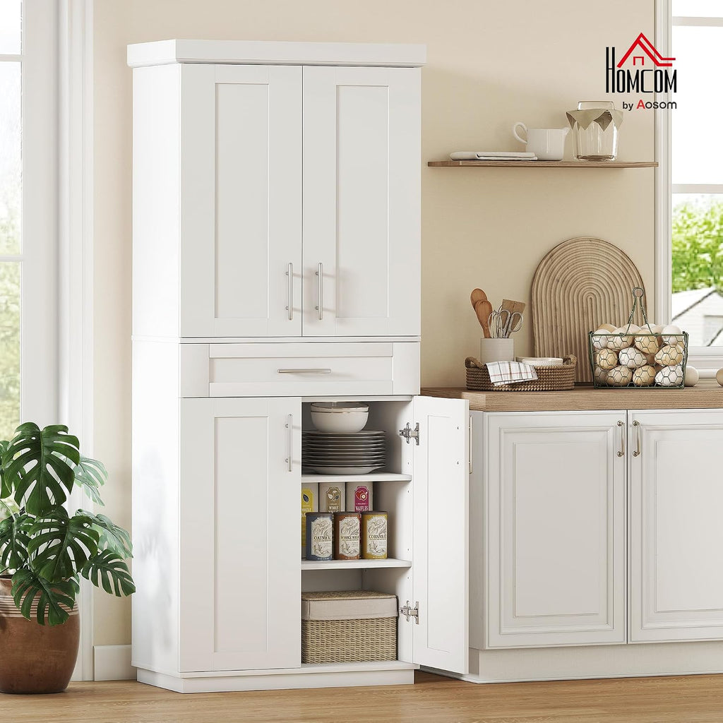 HOMCOM 72' Kitchen Pantry Cabinet, Freestanding Tall Storage Cabinet with 4 Doors, Drawer and 3 Adjustable Shelves for Dining Room, White