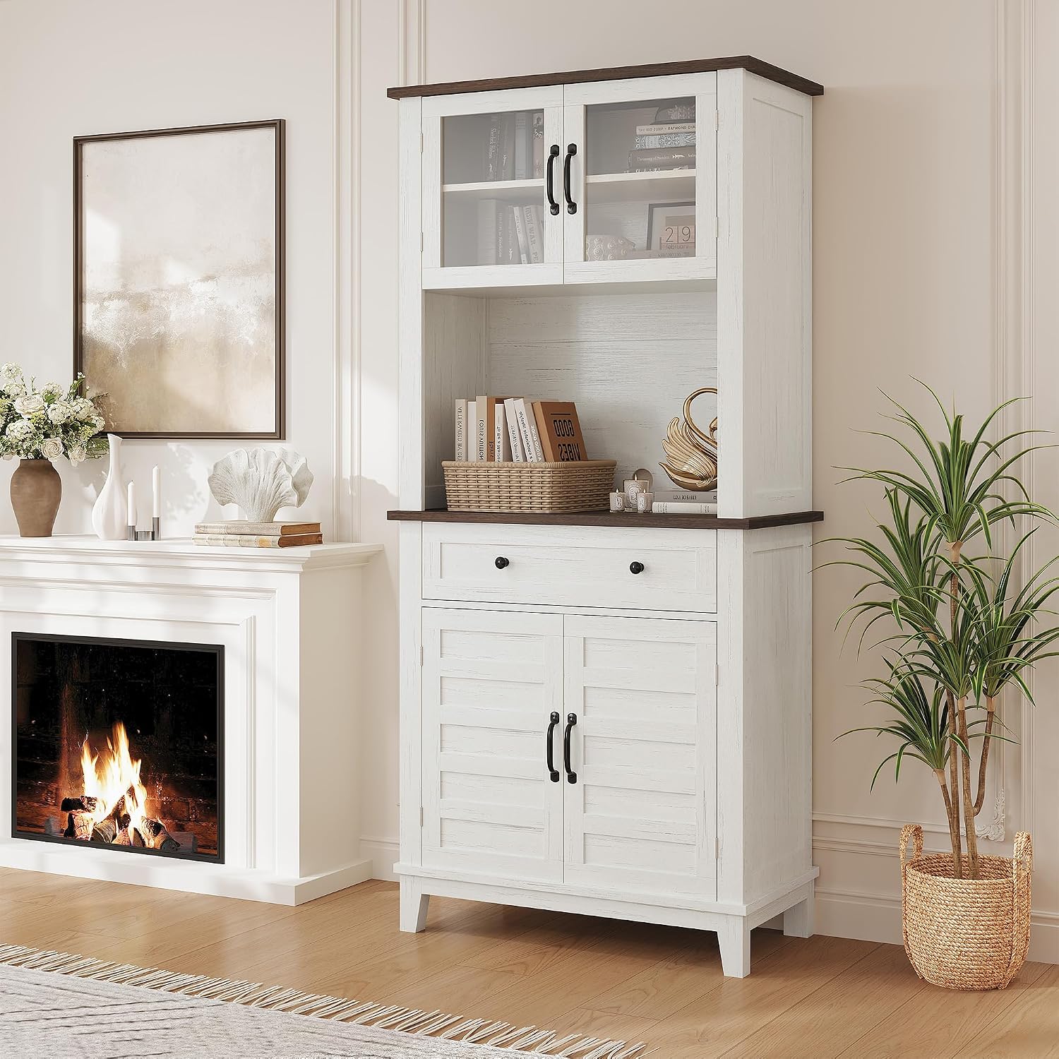 GarveeHome 72' Kitchen Pantry Storage Cabinet, Kitchen Hutch Cabinet with Storage, Microwave Stand with Drawers & Glass Doors, Pantry cabinets for Kitchen, Dining Room, Living Room, Light White