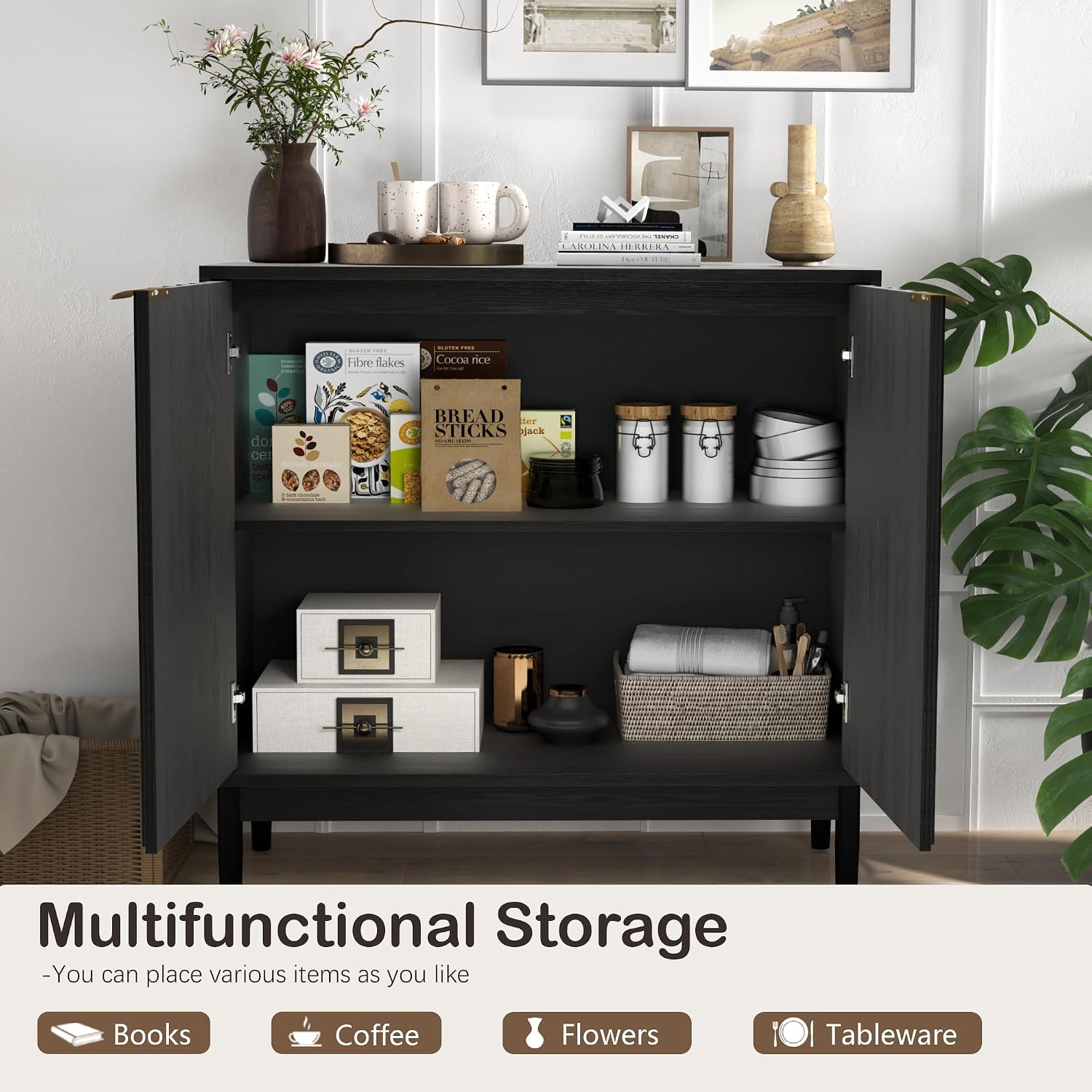 Otterease Fluted Cabinet with Storage, Buffet Cabinet Sideboard with Door, Kitchen Buffet Storage Accent Cabinets with Adjustable Shelves for Living Room, Entry, Hallway, Black