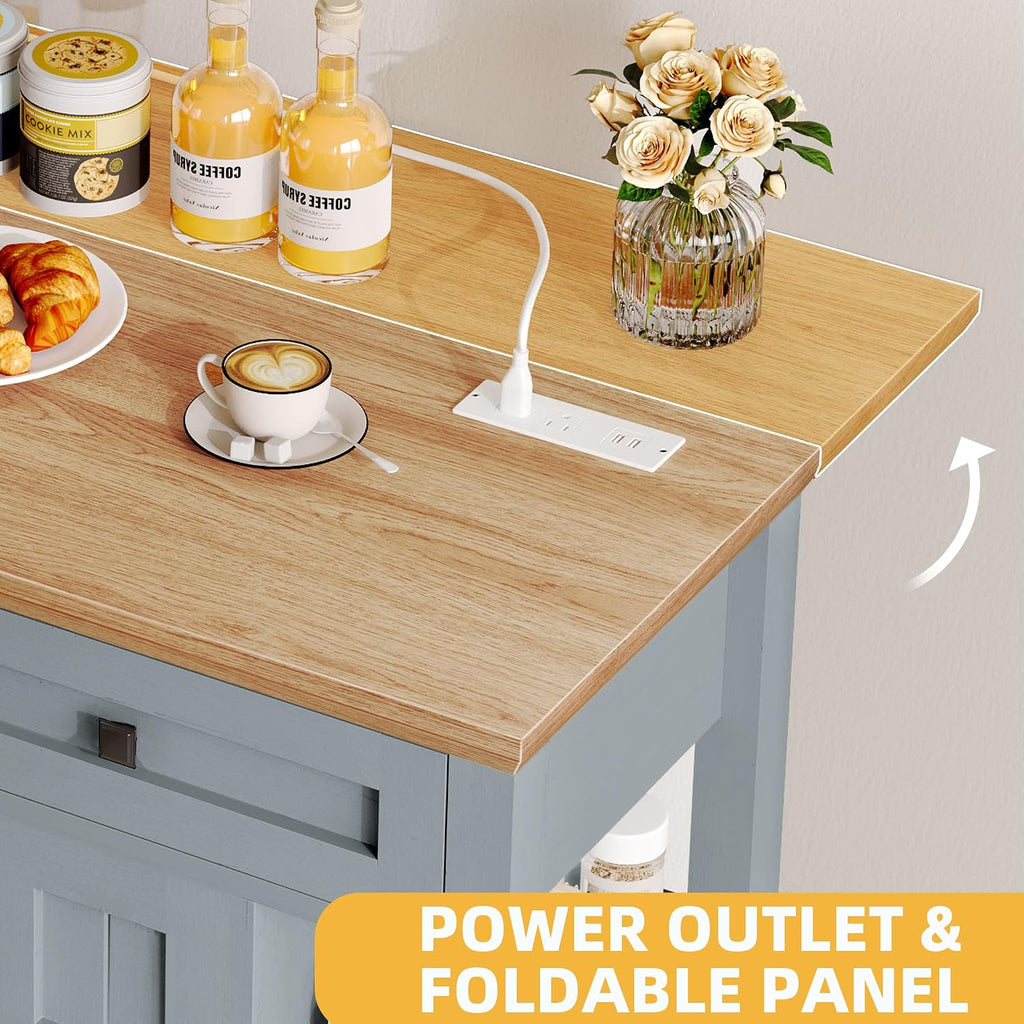 DWVO Rolling Kitchen Island with Drop Leaf, Mobile Storage Islands with Power Outlet Foldable Tabletop, 2 Drawers and Open Shelves, for Living Room, Dining Room, Blue Gray