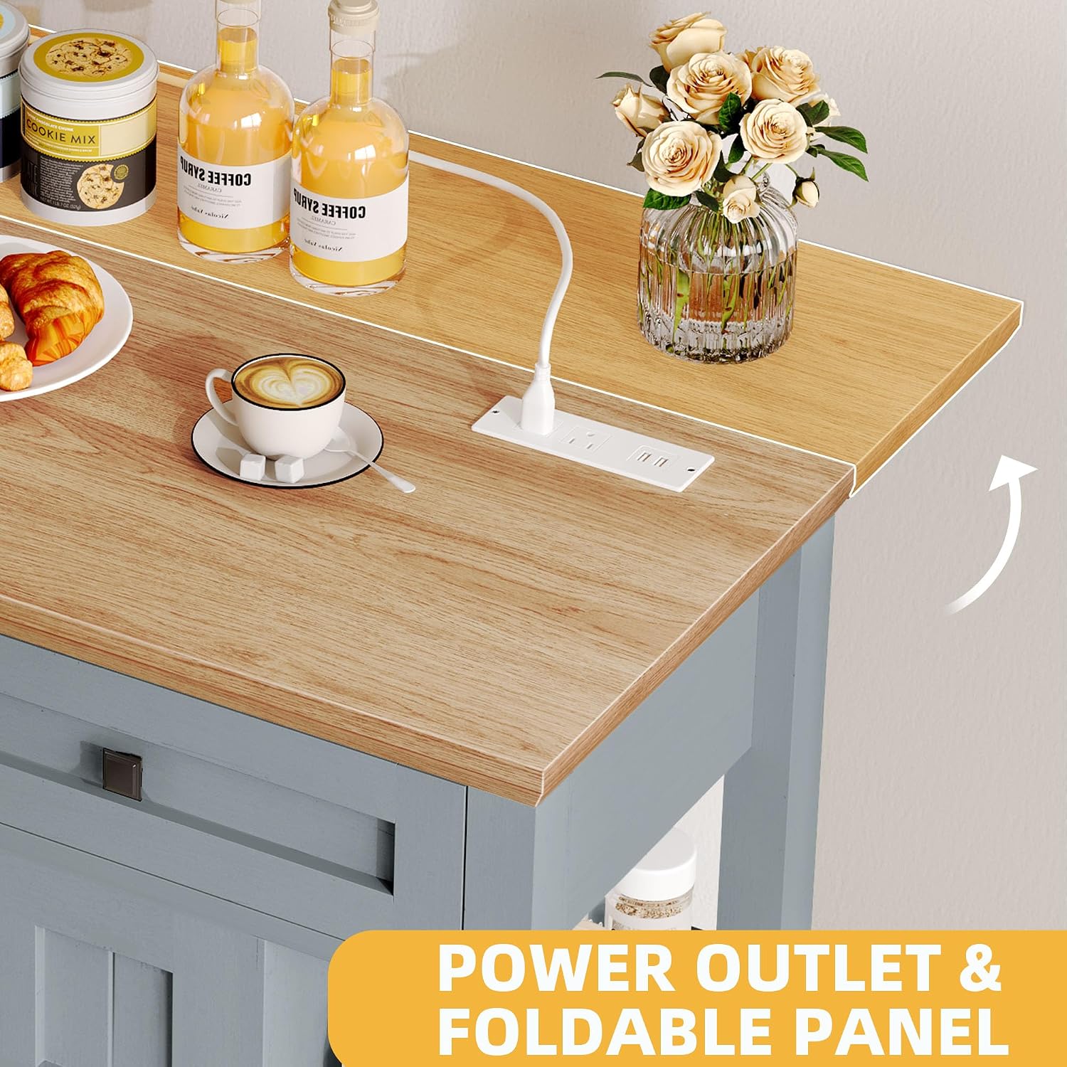DWVO Rolling Kitchen Island with Drop Leaf, Mobile Storage Islands with Power Outlet Foldable Tabletop, 2 Drawers and Open Shelves, for Living Room, Dining Room, Blue Gray