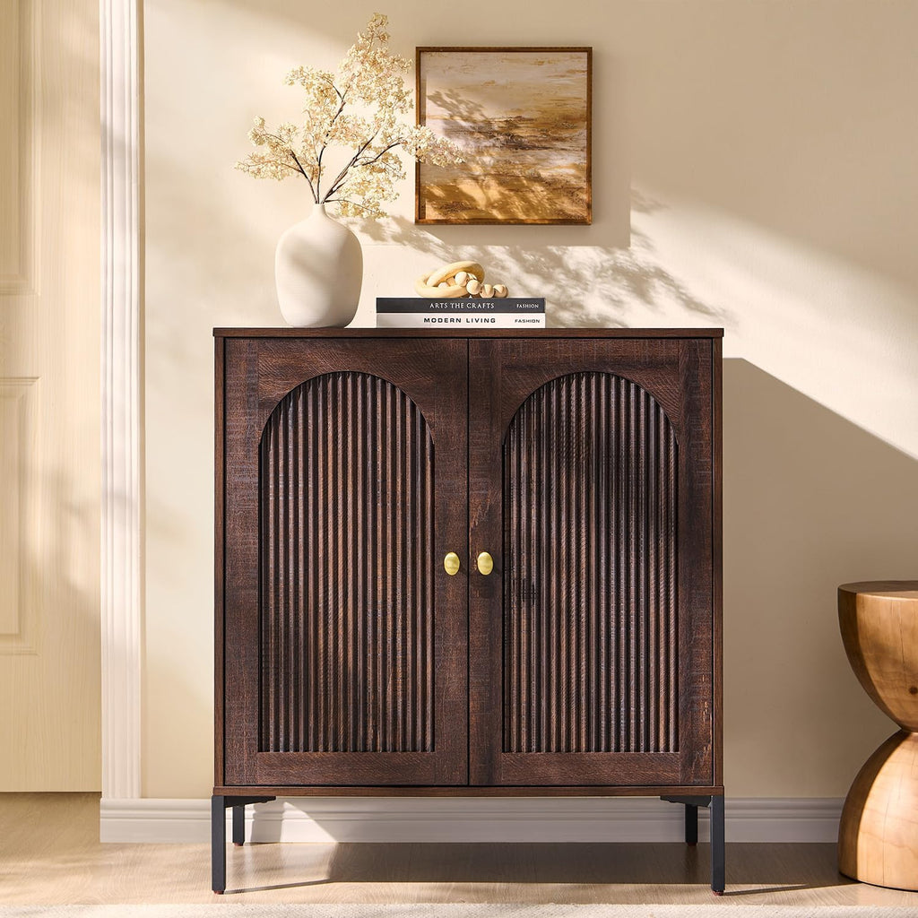 IFGET Modern Buffet Cabinet with Storage, 34' Tall Fluted Arched Sideboard Cabinet w/Adjustable Shelves, Wooden Modular Coffee Bar for Dining Room, Kitchen, Living Room, Entryway, Brown