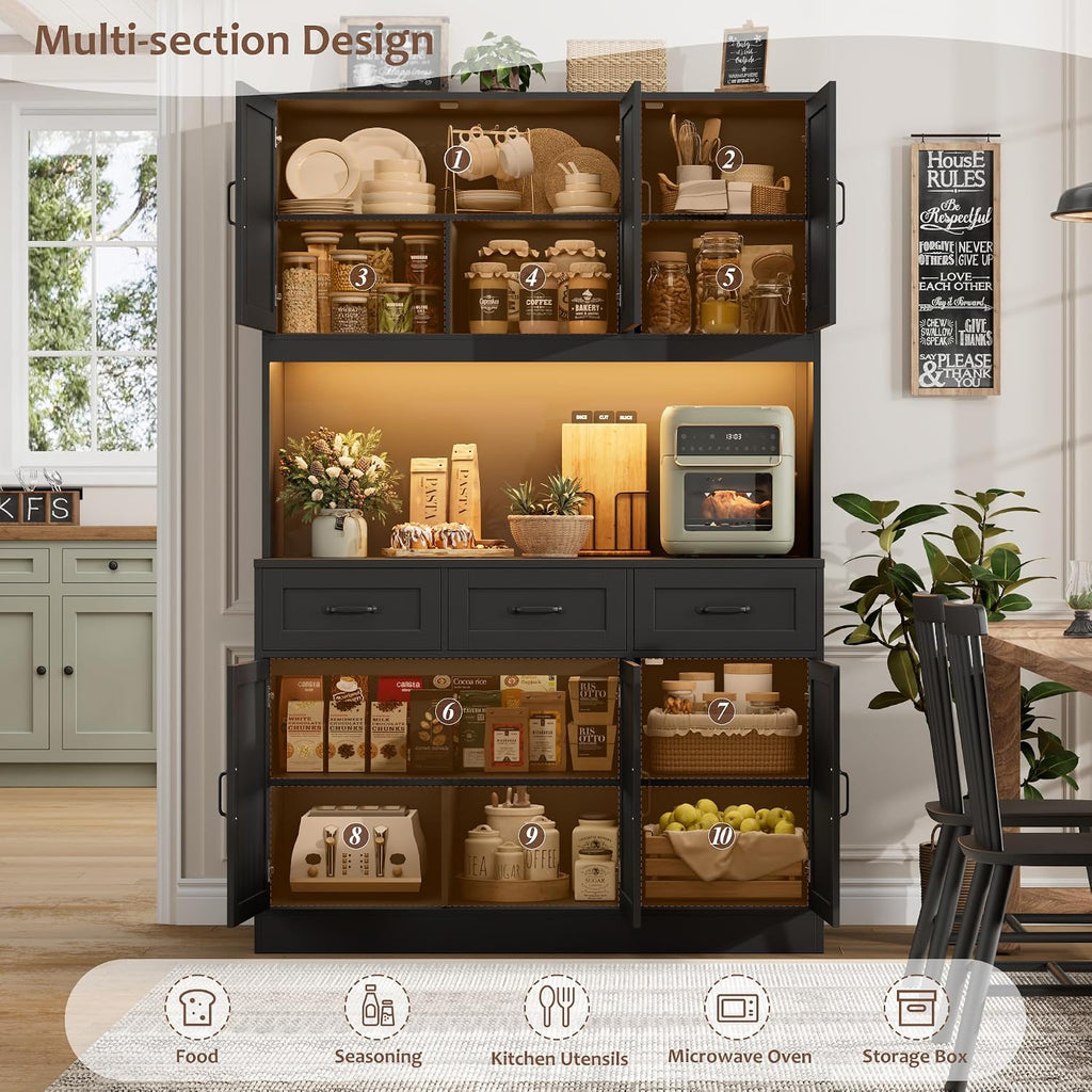 HOSTACK 72' Tall Kitchen Pantry Cabinet with Charging Station | LED Lights, 47' W Kitchen Pantry Storage Cabinet with Countertop, Modern Kitchens Hutch Cabinets with Storage for Dining Room, Black
