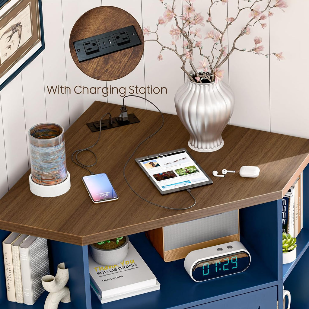 Vabches Corner Cabinet, Corner Storage Shelf with USB Ports and Outlets Industrial Organizer for Small Space Wooden 6-Cubby Bookshelf for Study, Playroom, Living Room (Blue and Brown)