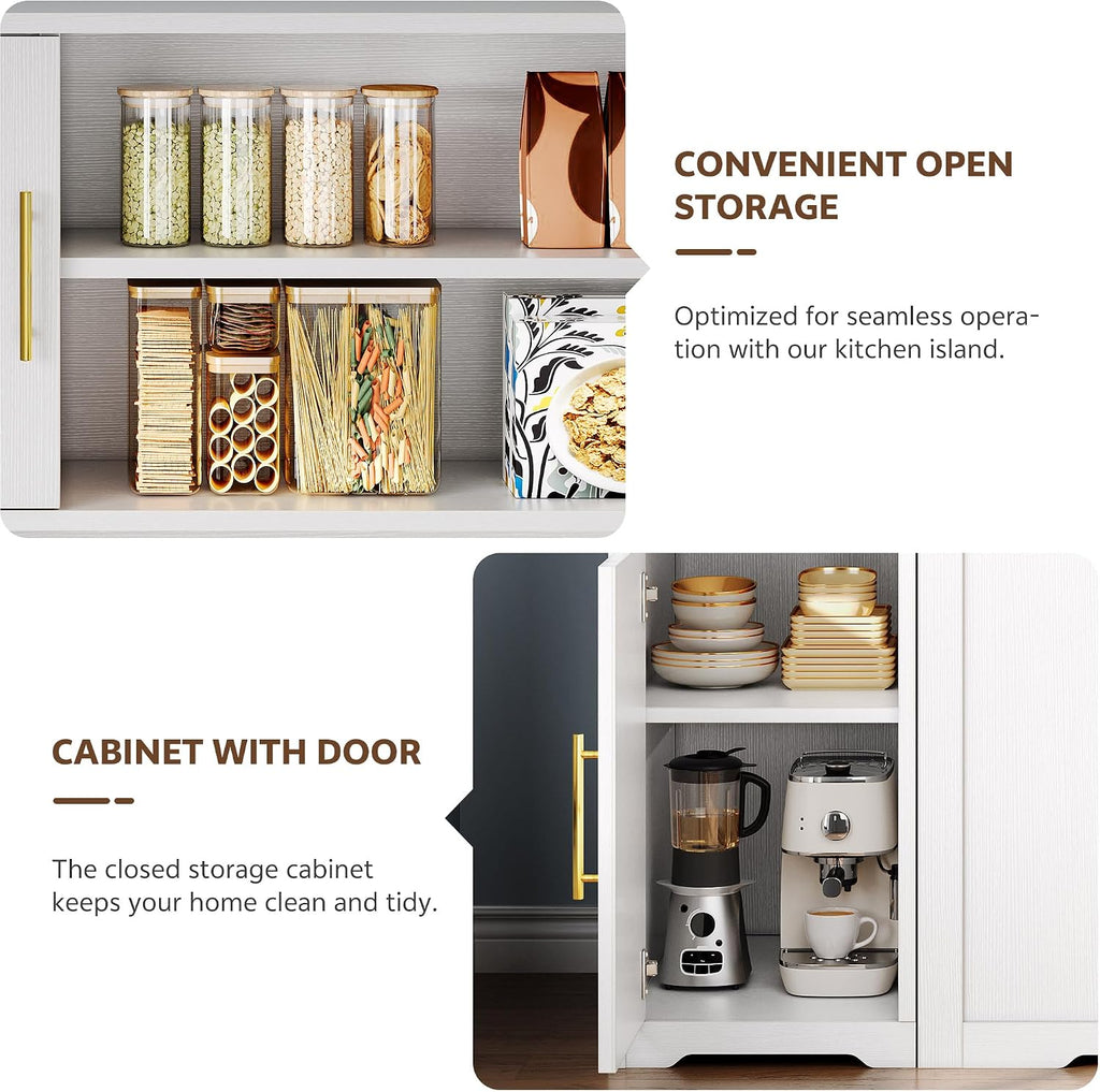Hutch Cabinet with Storage, 65' Tall Kitchen Pantry with Power Outlet, Double Pull Out Trash Can Cabinet, Kitchen Hutch with Countertop and Drawers, Modern Pantries for Home, White