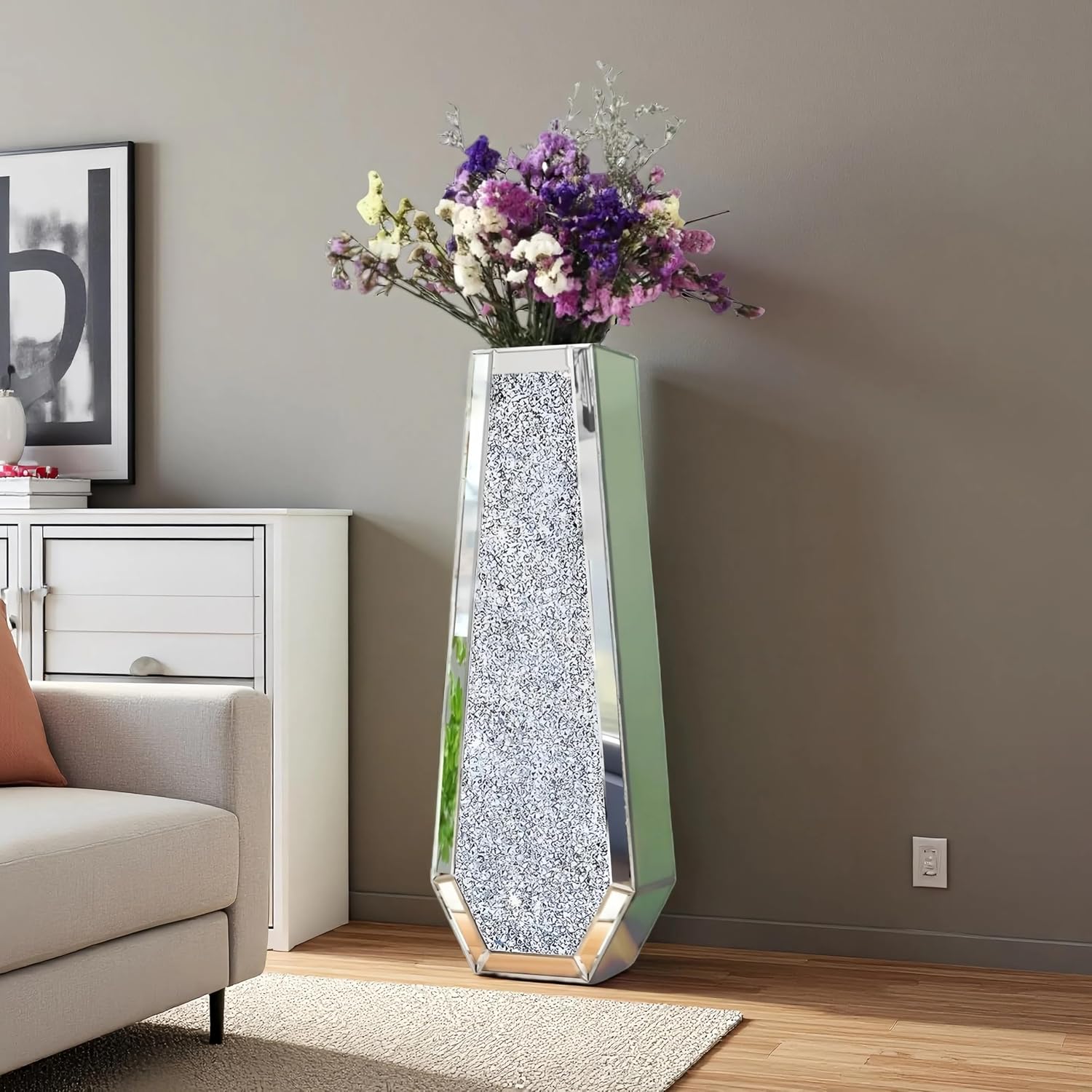 30' Large Double Sided Crushed Diamond Floor Vases,Tall Silver Mirrored Crystal Vase for Floor, Floor Vases Decorative Tall for Home,Office,Hotel (Silver,10.6' L x 5.3' W x 30' H)