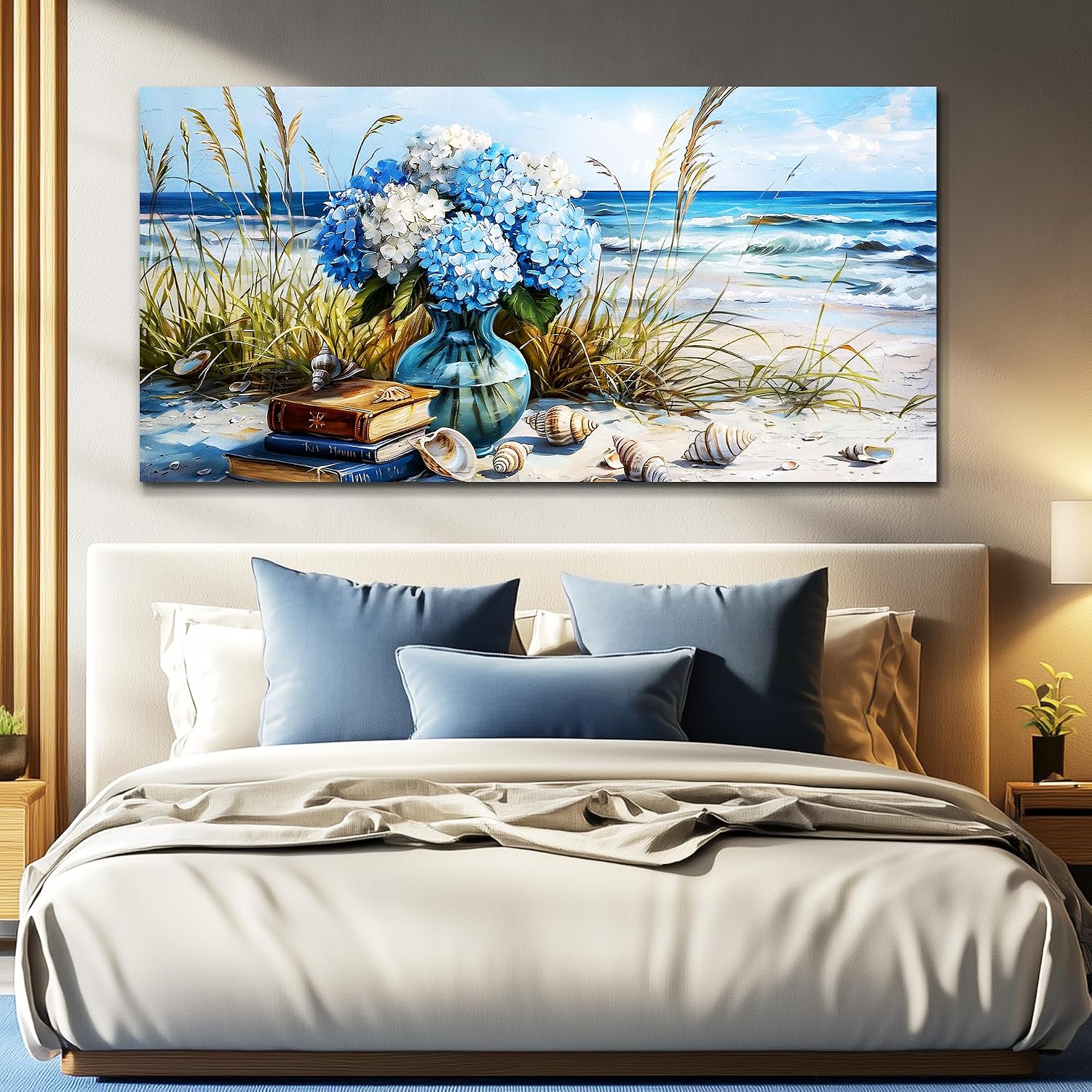 JUDASJART Wall Decor For Bedroom Large Wall Art For Living Room Office Decorations Modern Blue Beach Flower vase Paintings Ocean Seascape Wall Pictures Canvas Artwork Home Decor Ready To Hang