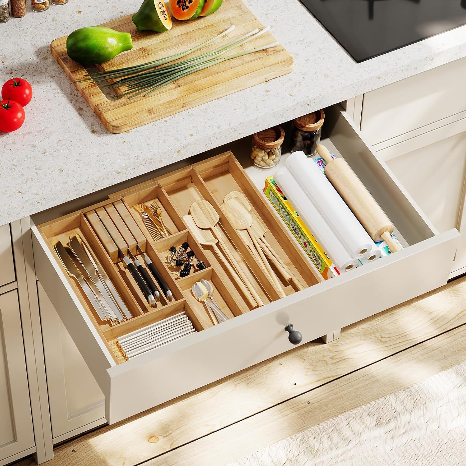 HOOBRO Kitchen Island and Drawer Organizer Bundle, Kitchen Storage Island with Spice Rack and Drawer, Rolling Kitchen Cart on Wheels, for Home, Kitchen and Dining Room,