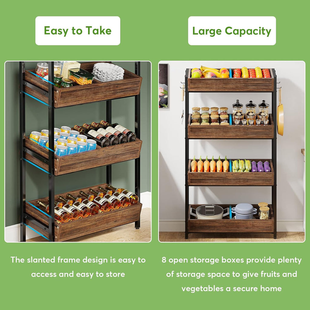 Tribesigns Wood Fruit and Vegetable Basket Stand Rack for Kitchen, Office, Store, Supremarket, Pantry Shelf Unit for Snacks, 4-Tier Wooden Utility Storage Shelves Set of 2 (Brown+Black)