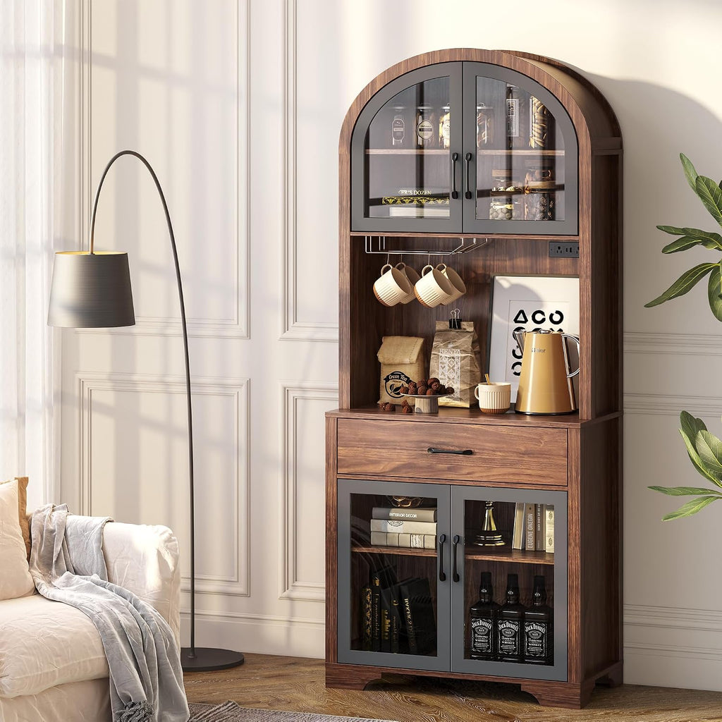 75' Tall Arched Pantry Cabinet with Charging Station & LED Light, Kitchen Pantry Cabinet with Microwave Stand, Drawers and Adjustable Shelf, Coffee Bar Liquor Cabinet for Dining Room