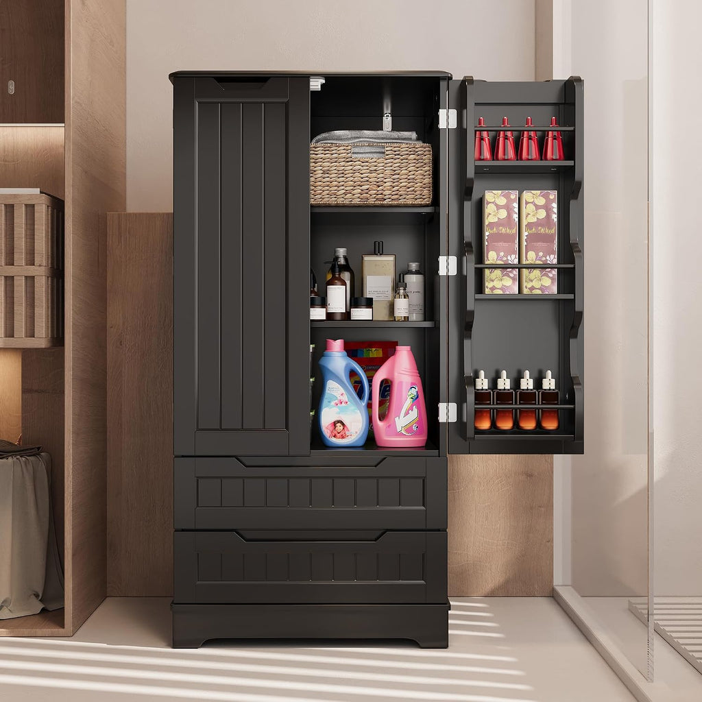 Gizoon Kitchen Pantry Cabinet with Drawers, 47' Small Food Pantry Storage Cabinet with 6 Door Shelves for Snack and Spice, Freestanding Craft Storage Cabinet for Craft Room, Black, Painted