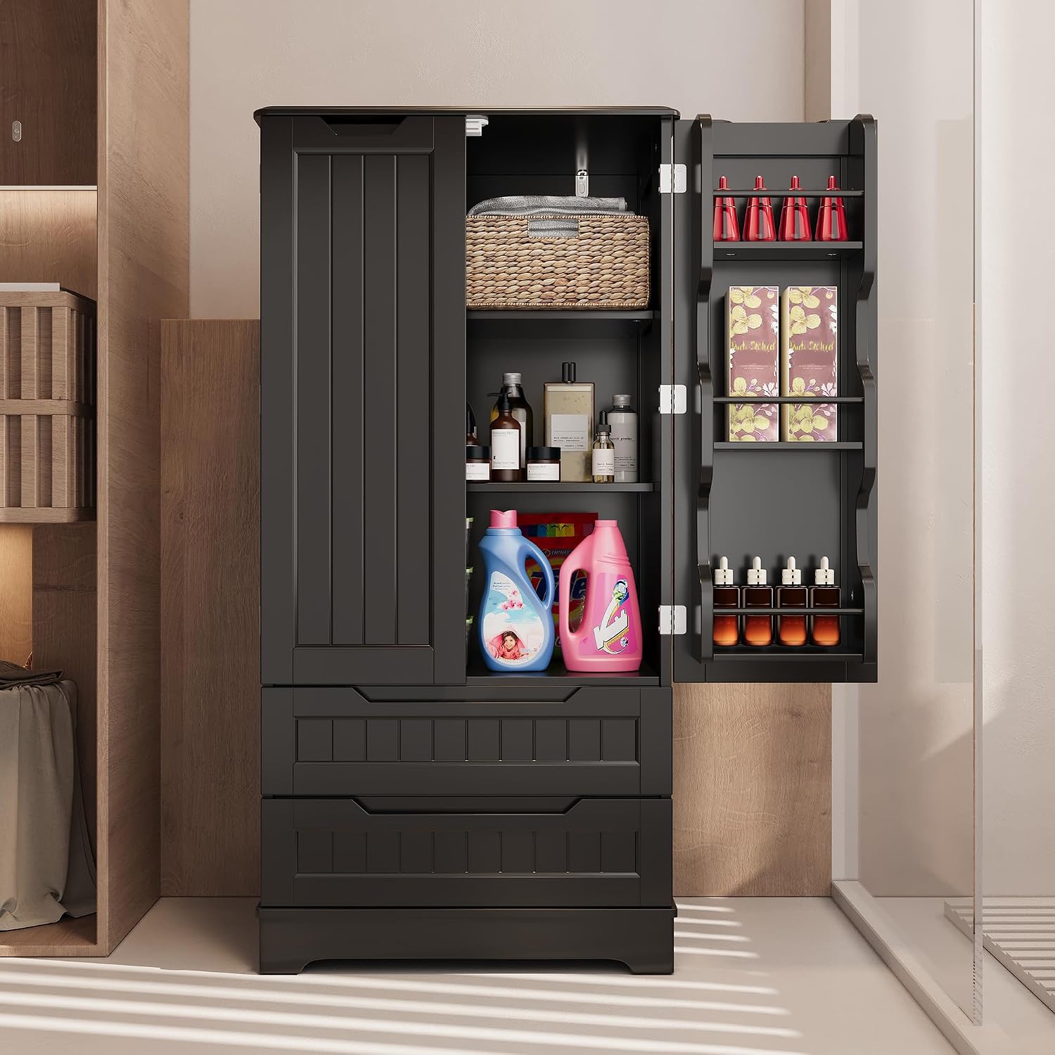 Gizoon Kitchen Pantry Cabinet with Drawers, 47' Small Food Pantry Storage Cabinet with 6 Door Shelves for Snack and Spice, Freestanding Craft Storage Cabinet for Craft Room, Black, Painted