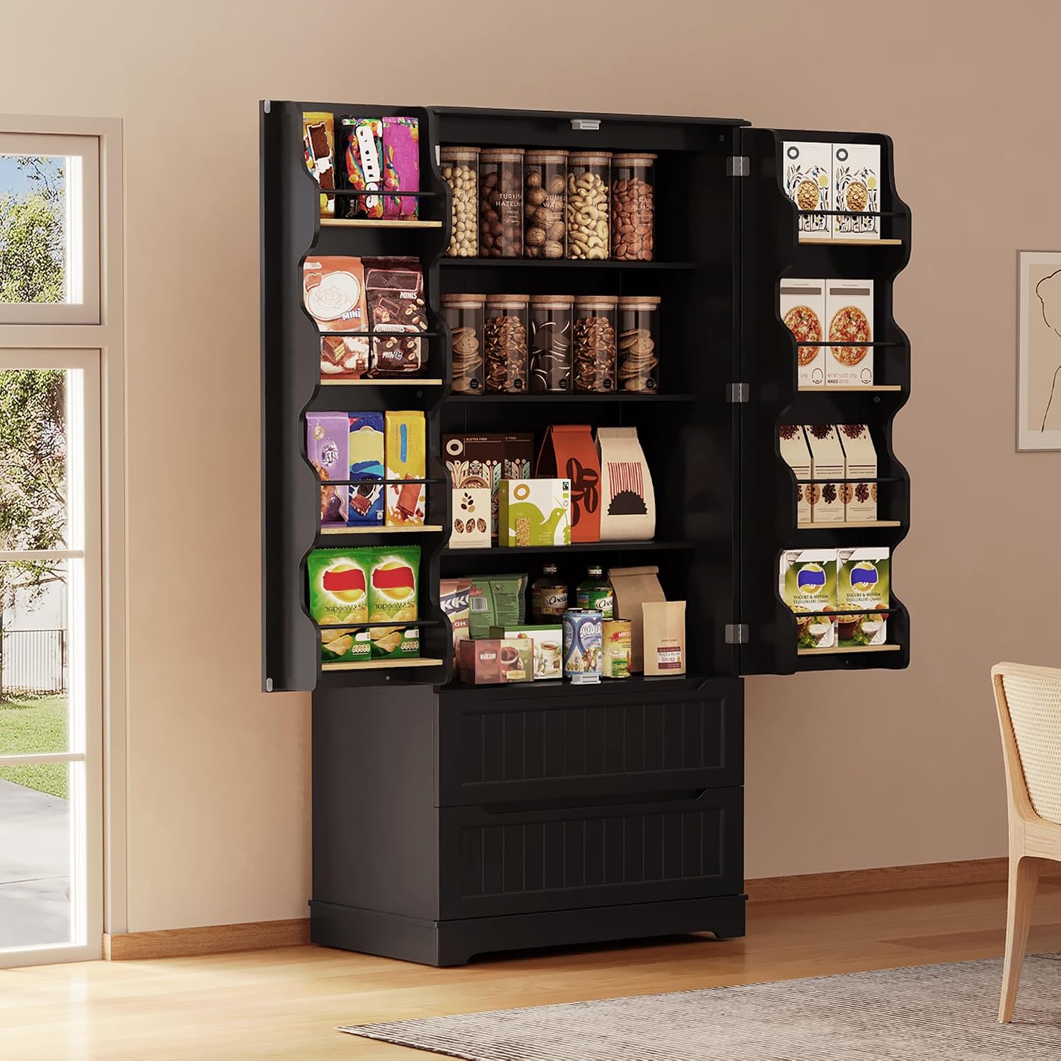 Gizoon 71' Tall Kitchen Pantry Cabinet with Drawers for Dining Room, Food Pantry Storage Cabinet with 8 Doors Shelves for Snack and Spice, Large Craft Storage Cabinet for Craft Room, Black, Painted