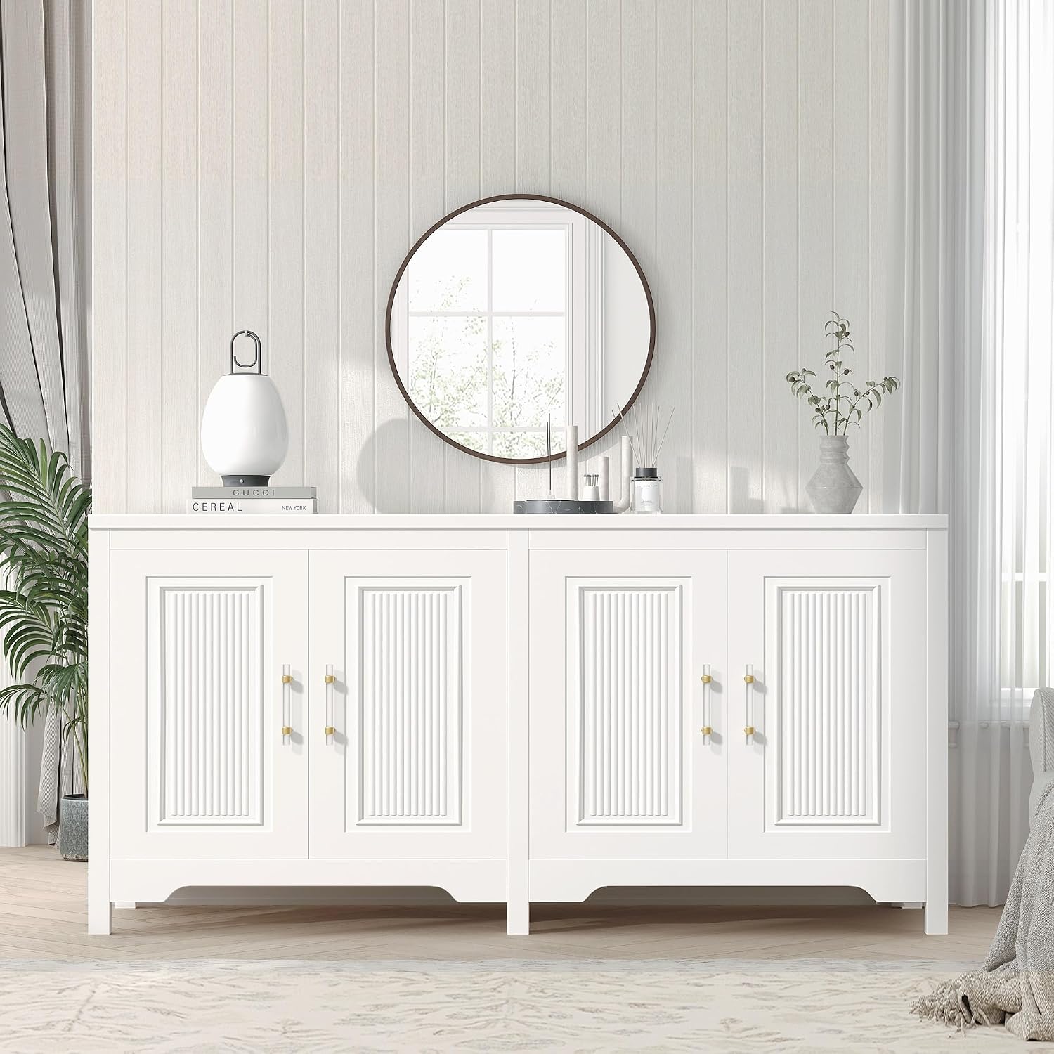 Jocoevol 55'' Buffet Cabinet with Storage, Modern Fluted Door Design Sideboard Buffet Cabinet with Storage and Adjustable Shelf, Coffee Bar Station for Kitchen, Dining Room, Pure White