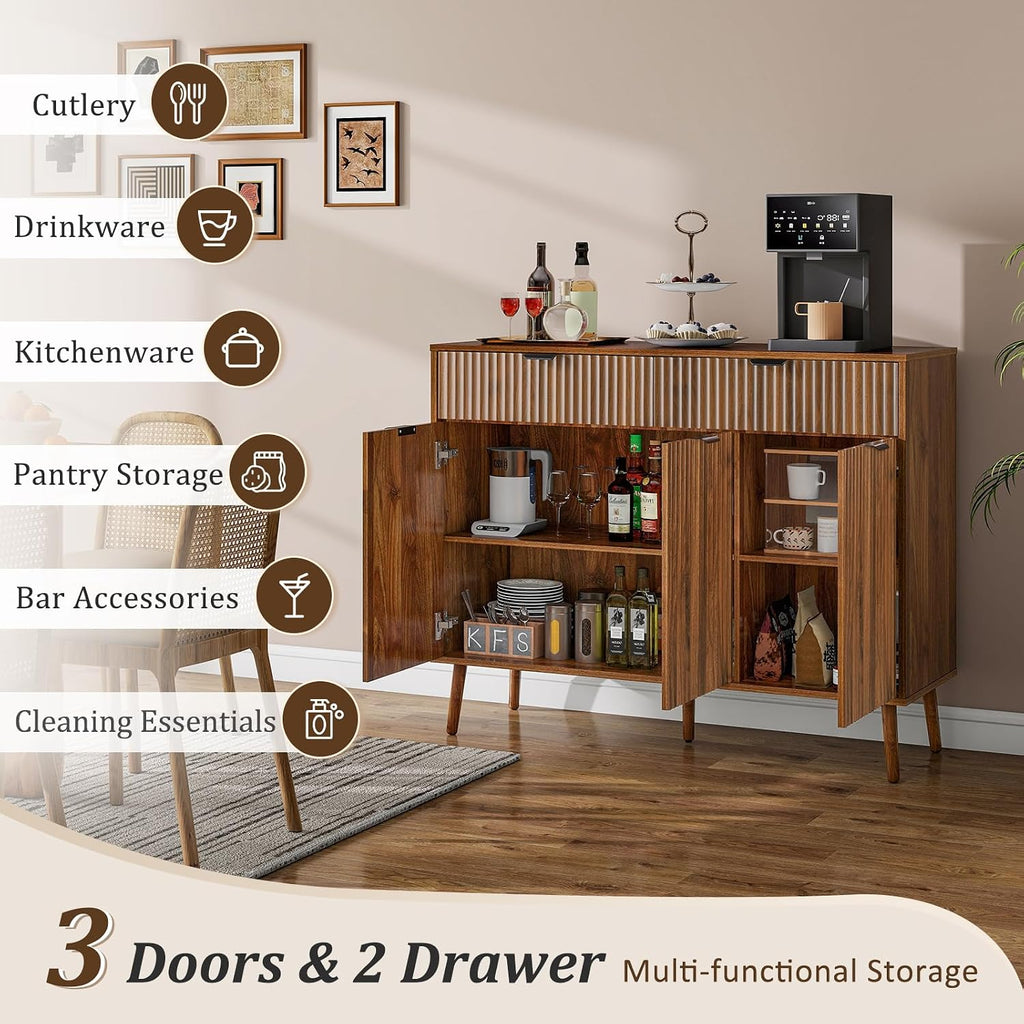 LYNCOHOME Fluted Sideboard Buffet Cabinet with Storage,2 Drawers and 3 Doors,Wood Coffee Bar Cabinet with Solid Wood Feet for Kitchen,Hallway