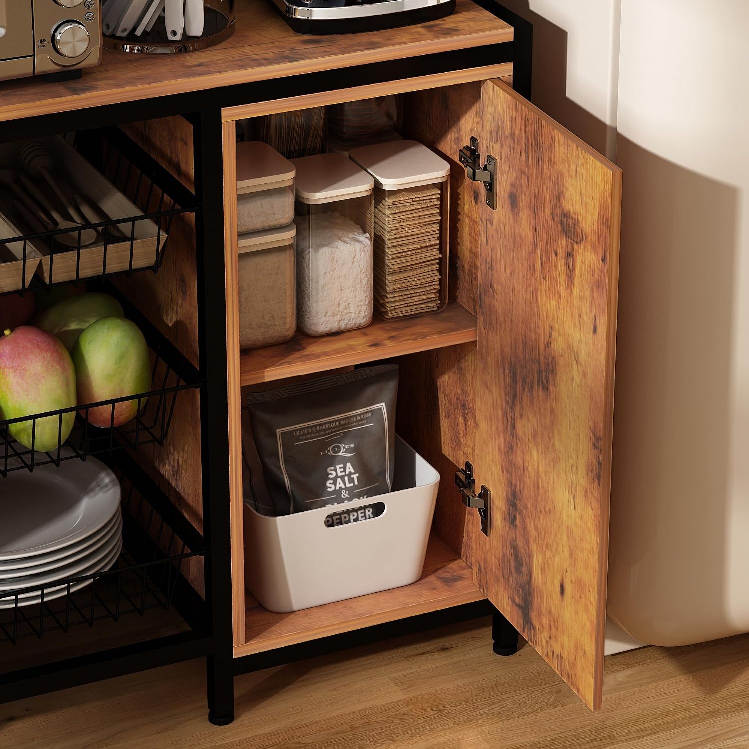 Kitchen Bakers Rack with Baskets and Door Cabinet,5-Tier Free Standing Storage Shelf Rack,Industrial Microwave Oven Stand for Kitchen, Dining Room,Living Room