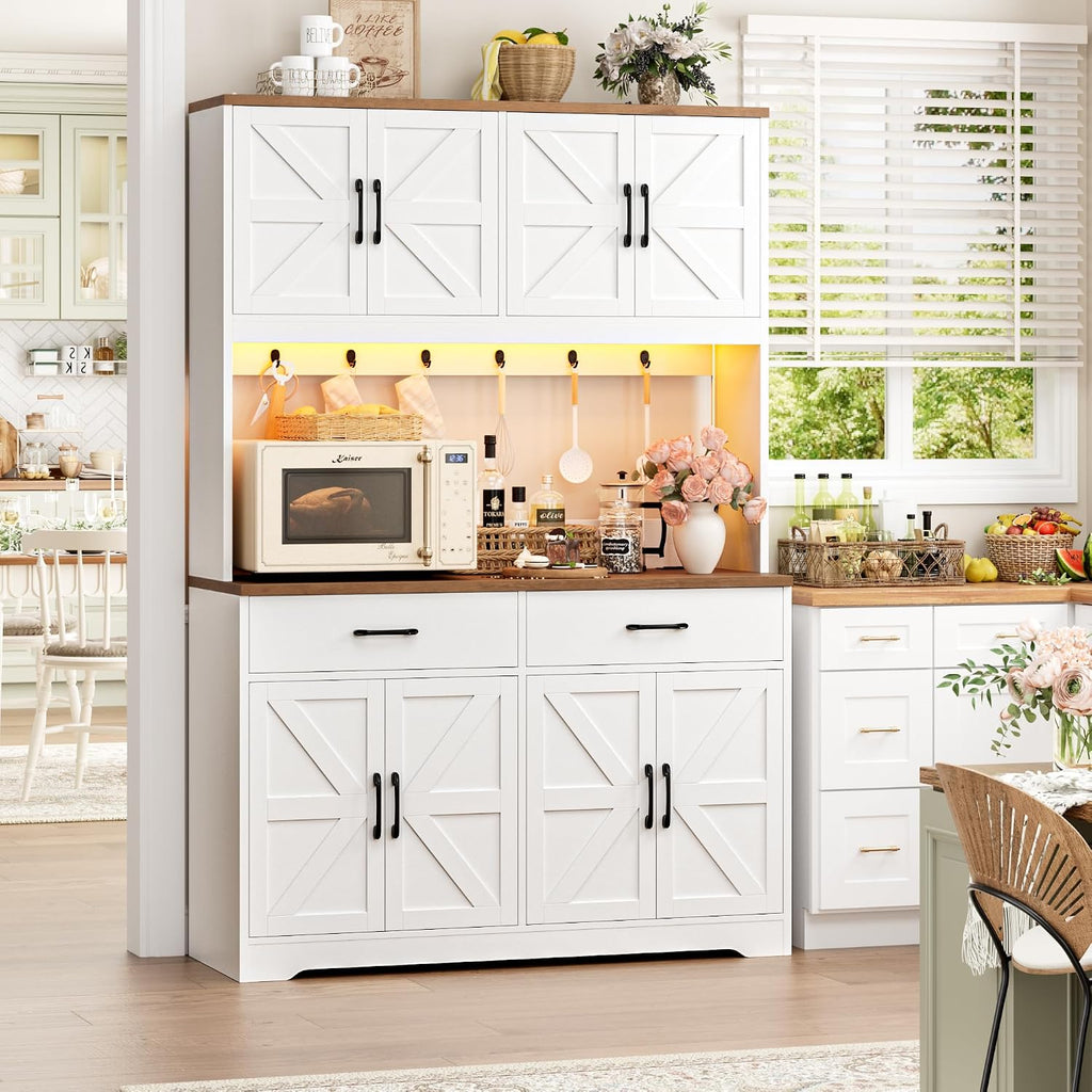 HIFIT 71' Tall Kitchen Pantry Cabinet with RGB LED and Charging Station, Farmhouse Coffee Bar Cabinet with Large Countertop and 6 Hooks, Kitchen Hutch Storage Cabinet, White