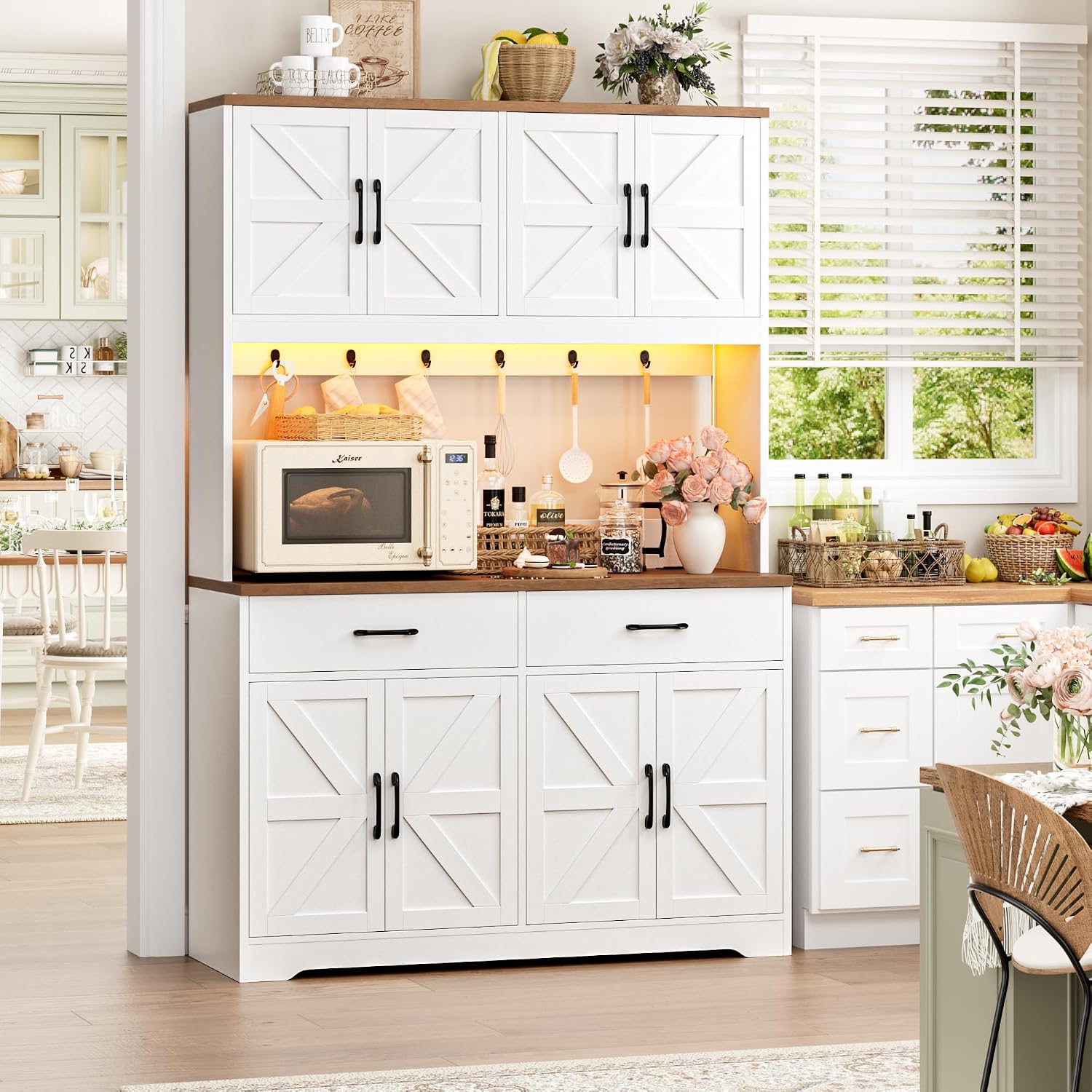 HIFIT 71' Tall Kitchen Pantry Cabinet with RGB LED and Charging Station, Farmhouse Coffee Bar Cabinet with Large Countertop and 6 Hooks, Kitchen Hutch Storage Cabinet, White