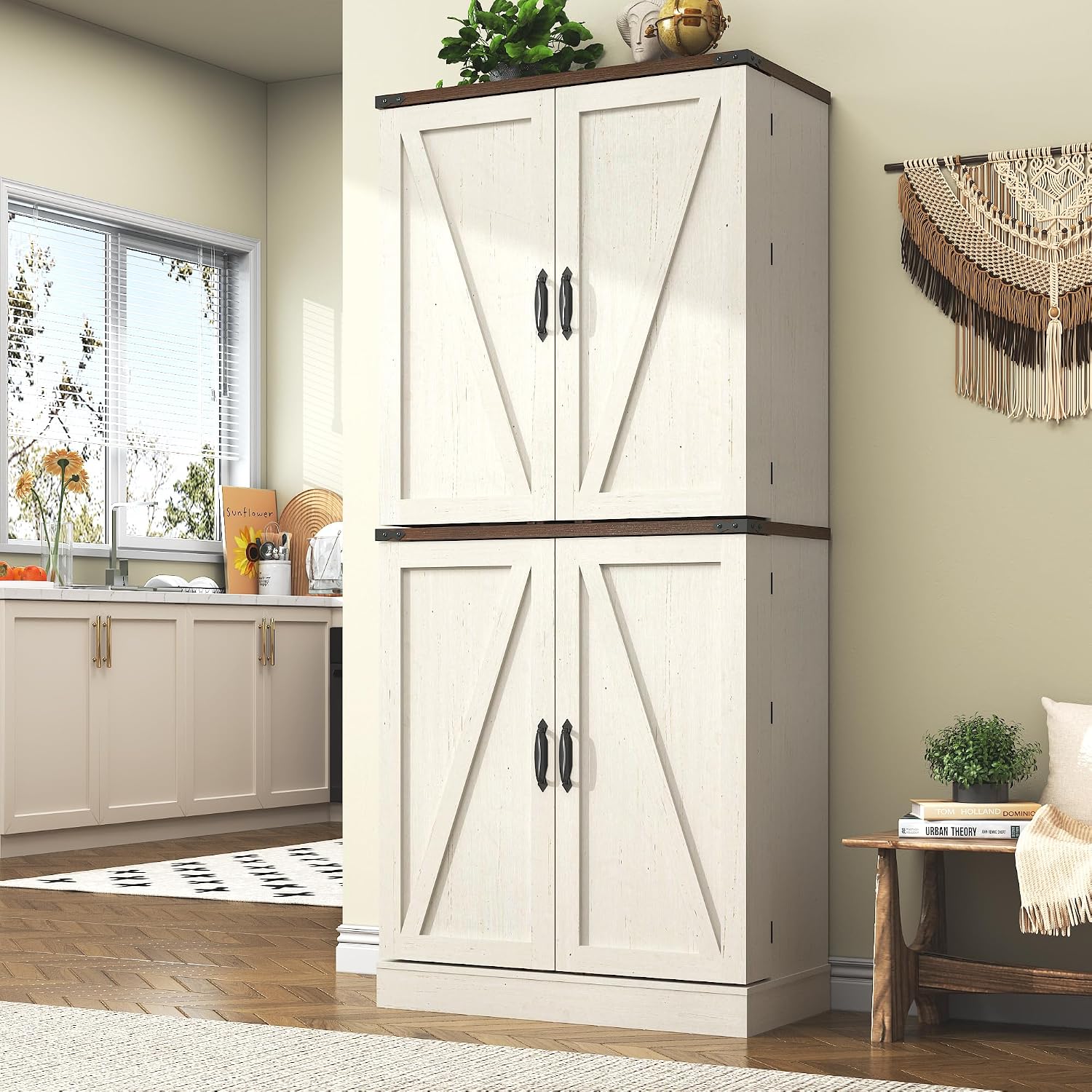 71' Tall Kitchen Pantry Cabinet, Farmhouse Tall Kitchen Storage Cabinet with Adjustable Shelves & 4 Barn Style Doors, Wooden Storage Cabinet for Kitchen, Dining Room, Living Room, Bathroom, Office