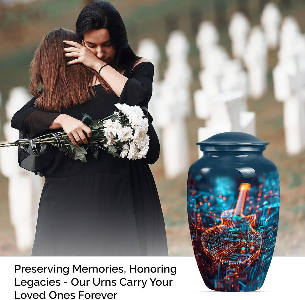 Guitar Urn - Memorial Urns - Cremation Urns -Metal Urns - Combo of 1 Large Urn with Velvet Bag and 4 Small - Urns for Human Ashes Small Keepsake & Large - Urns for Men & Women