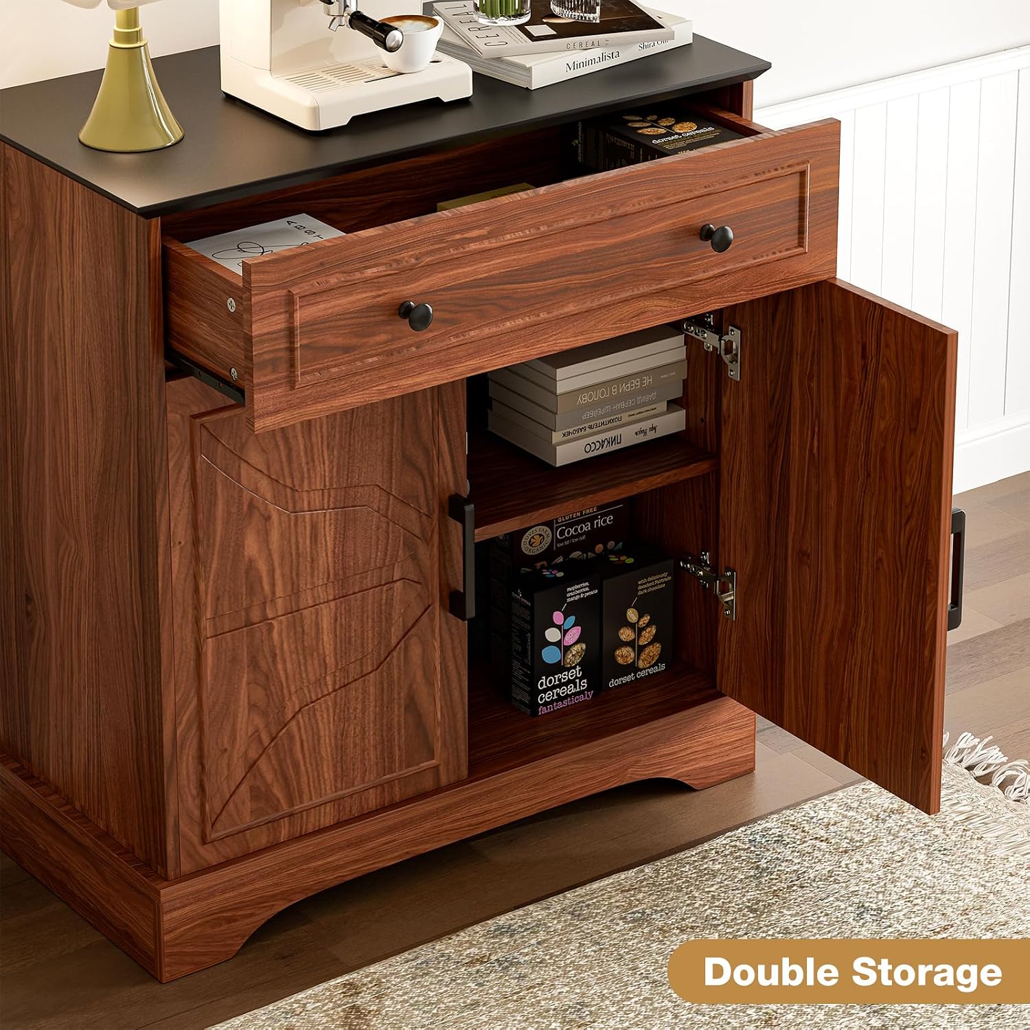 LCRBOL Buffet Cabinet with Storage, Coffee Bar with Drawer & Adjustable Shelf, Modern Sideboard for Kitchen, Dining Room, Living Room, Walnut