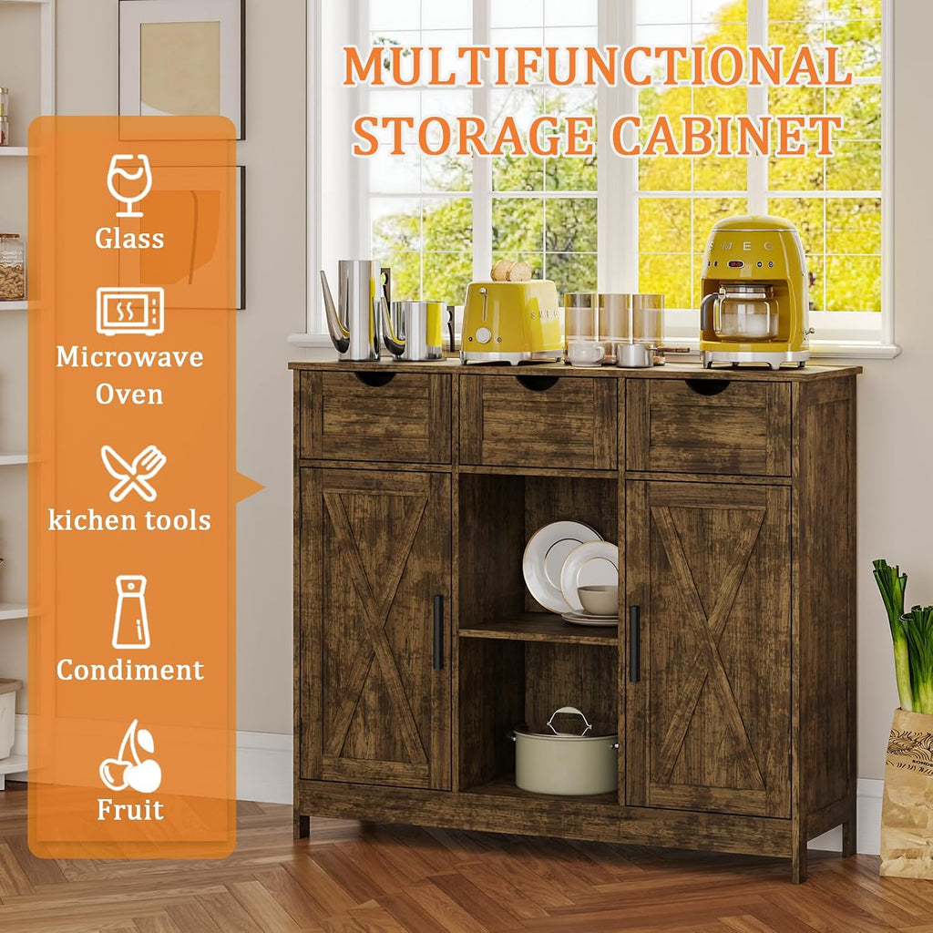 Viaozutis Storage Cabinet, Coffee Bar Cabinet with 2 Adjustable Shelves, 3 Drawers, and 2 Doors, for Bathroom, Kitchen, Living Room (Retro)