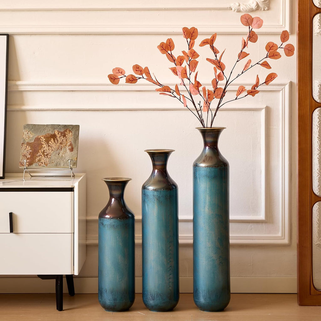 Aqua Blue Tall Floor Vase - 20.4/24.4/28.34 in Metal Droplet-Shaped Vases Extra Large Decorative Vase Set of 3 Living Room Modern Gorgeous Home Decoration Large Glazed Metal Vase