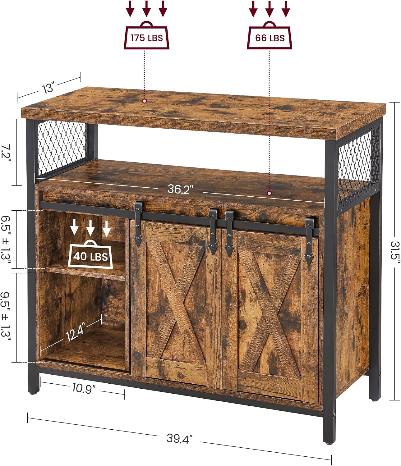 VASAGLE Buffet Cabinet, Coffee Bar Storage Cabinet, Sideboard with 2 Sliding Barn Doors, Adjustable Shelves, 13 x 39.4 x 31.5 Inches, for Living Room, Rustic Brown and Ink Black ULSC092B01